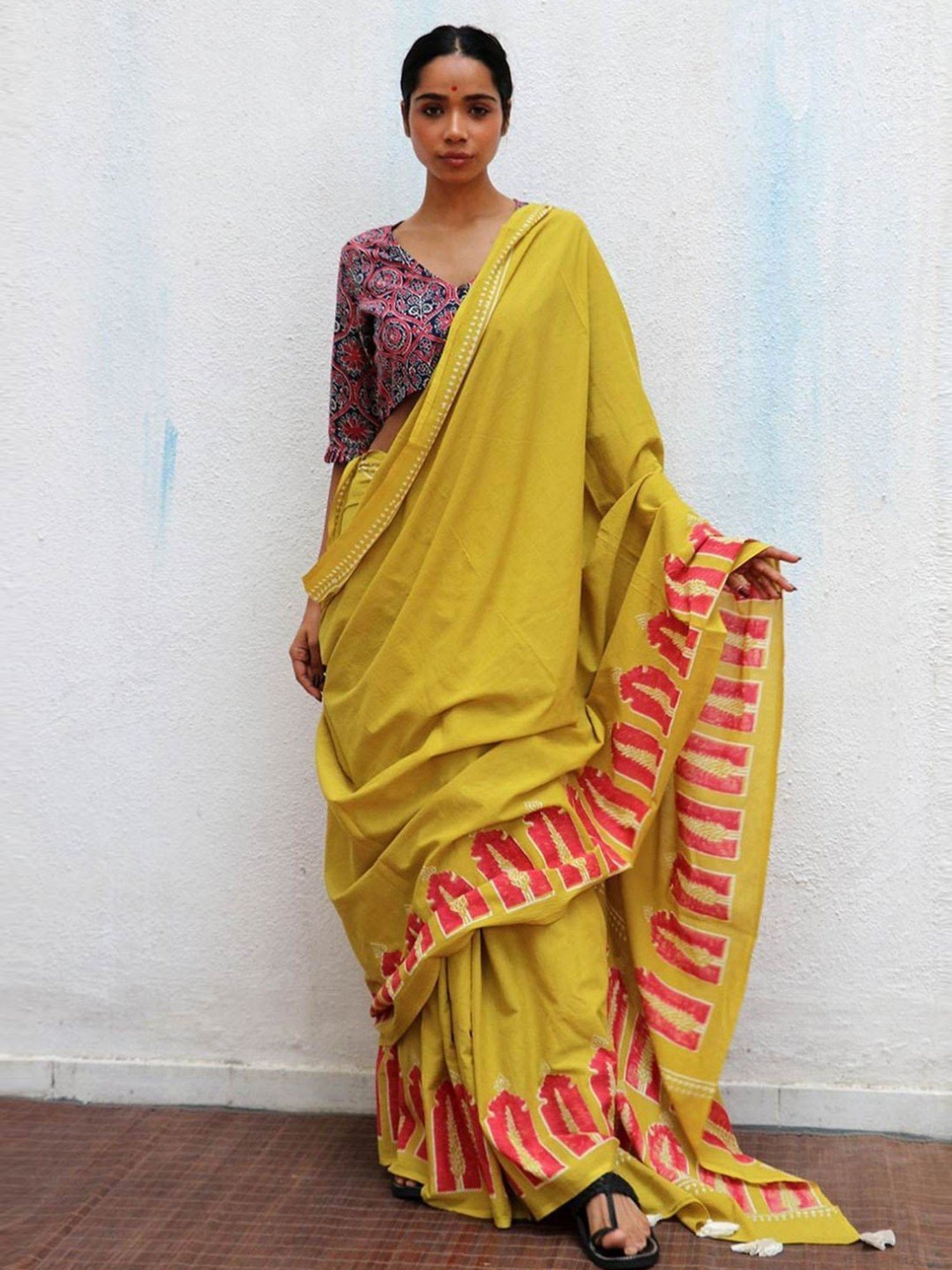 Chidiyaa Mustard Yellow Paakhi Apricot Sun Handblock Printed Cotton Saree