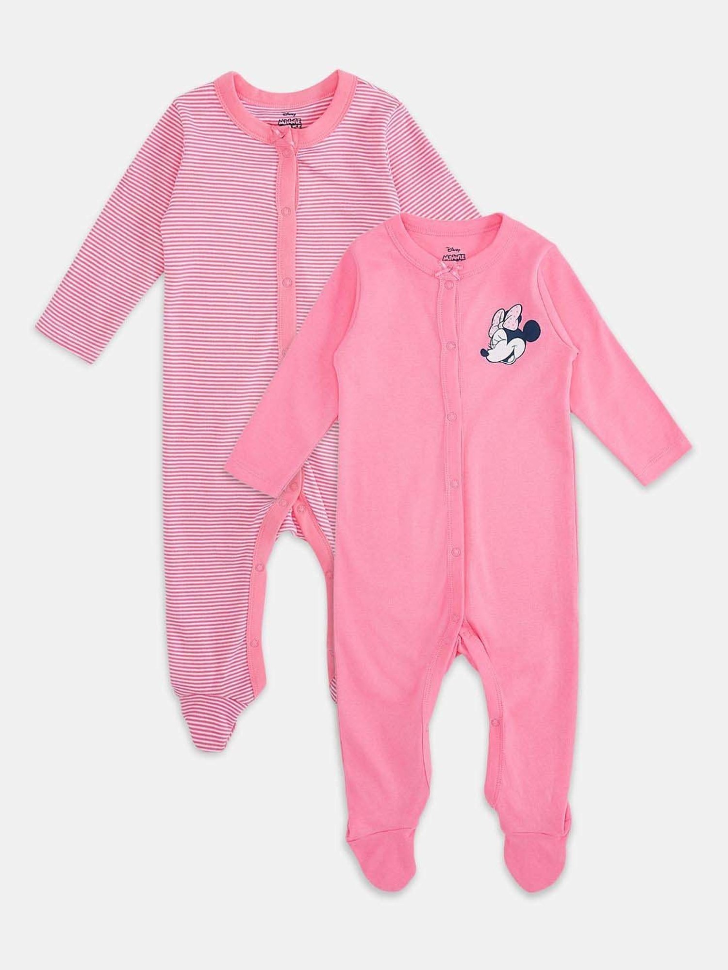 Pantaloons Baby Girls Pink Cotton Striped Full Sleeves Disney Sleepsuit (Pack of 2)