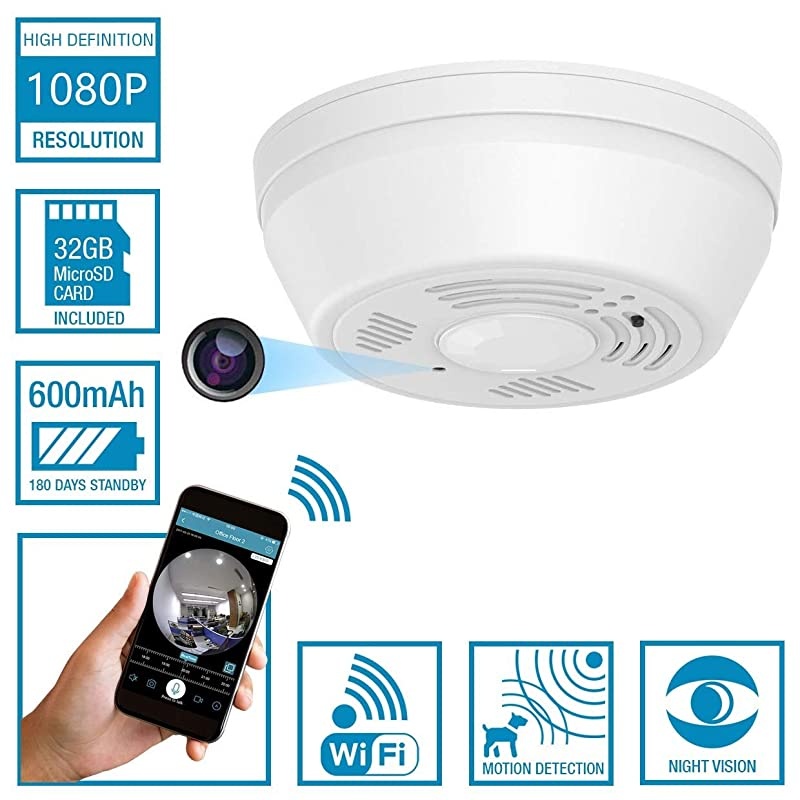 Smoke Detector 32Gb Included WiFi Motion Detection Hidden Surveillance Camera Night Vision w. 180 Days Standby Battery & Magnetic Pads Recessed Light Trim Installation Tool (Downview)