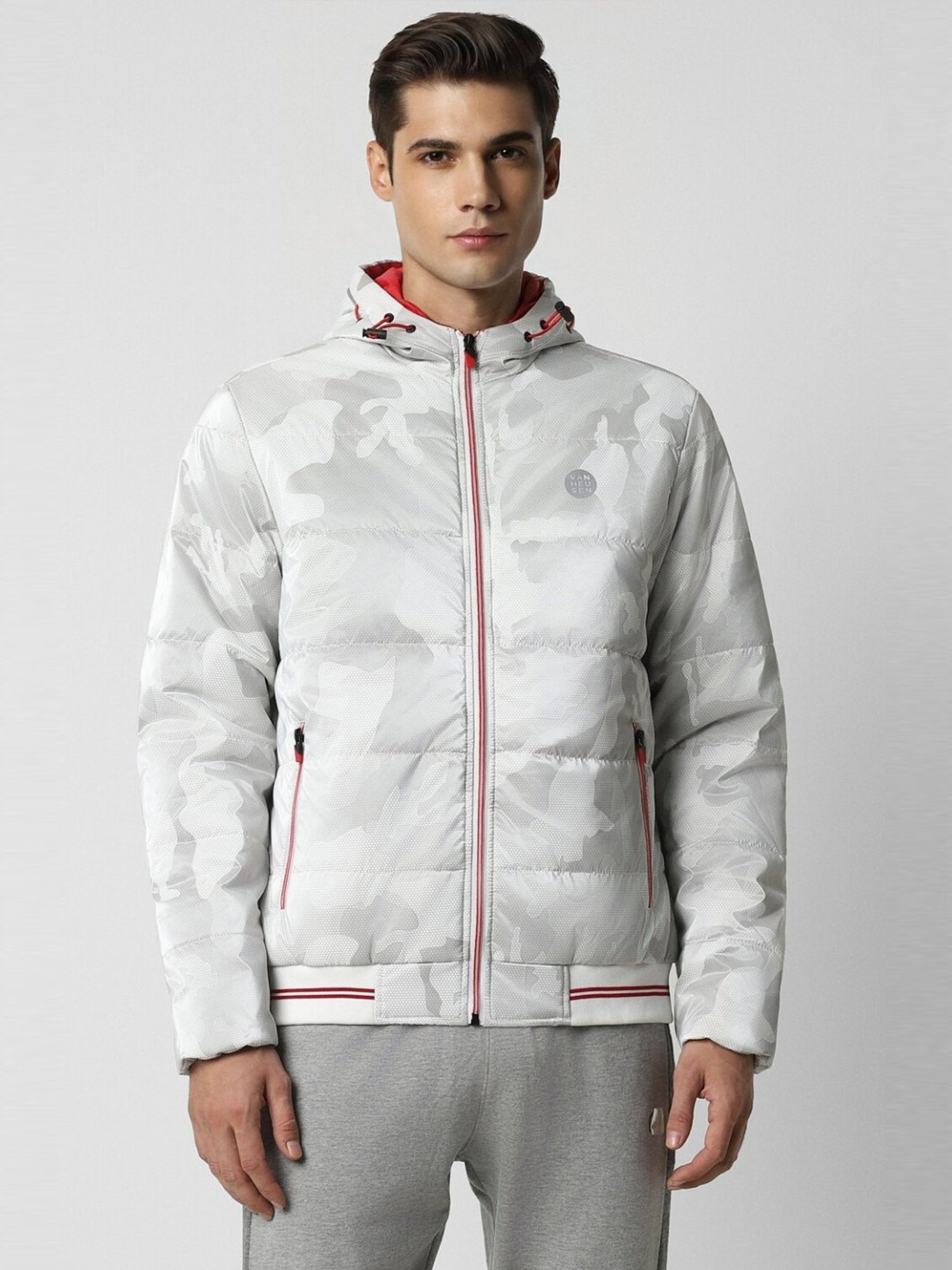 Van Heusen Grey Cotton Regular Fit Quilted Hooded Jacket