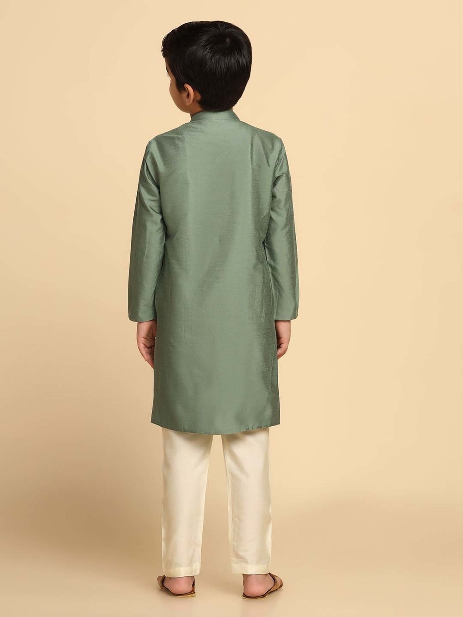 KISAH Kids Green & White Cotton Regular Fit Full Sleeves Kurta Set