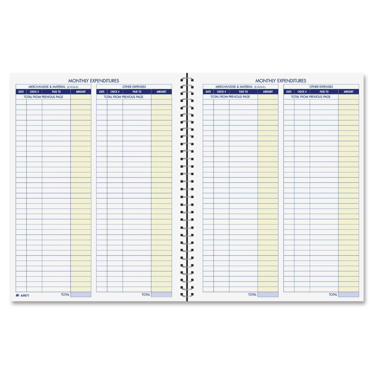 Adams AFR71 Monthly Bookkeeping Record Spiral Bound - White Sheet(s) - Blue, Yellow Print Color - 1 Each