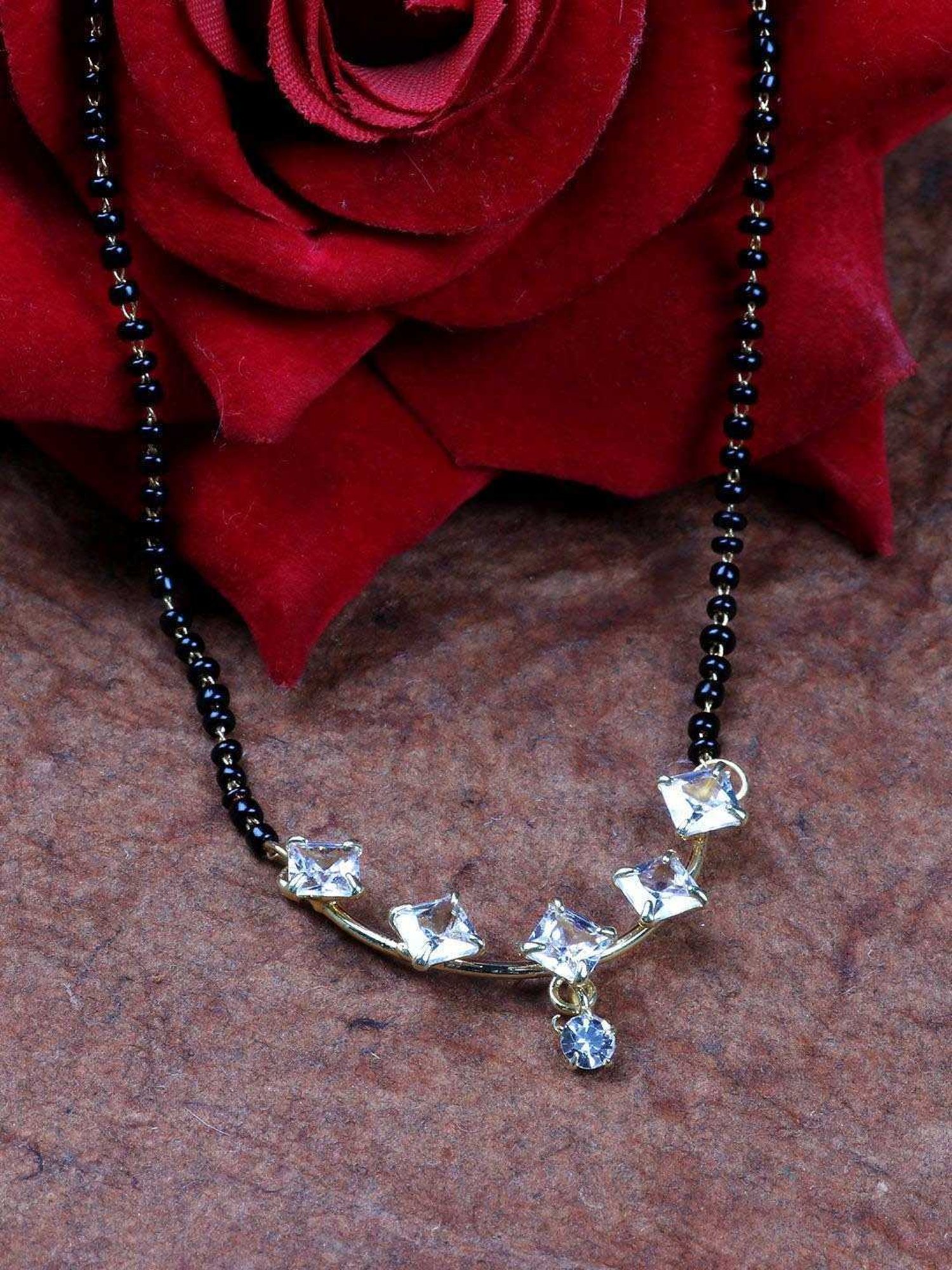 Abdesigns Gold-Plated American Diamond & Black Beaded Mangalsutra