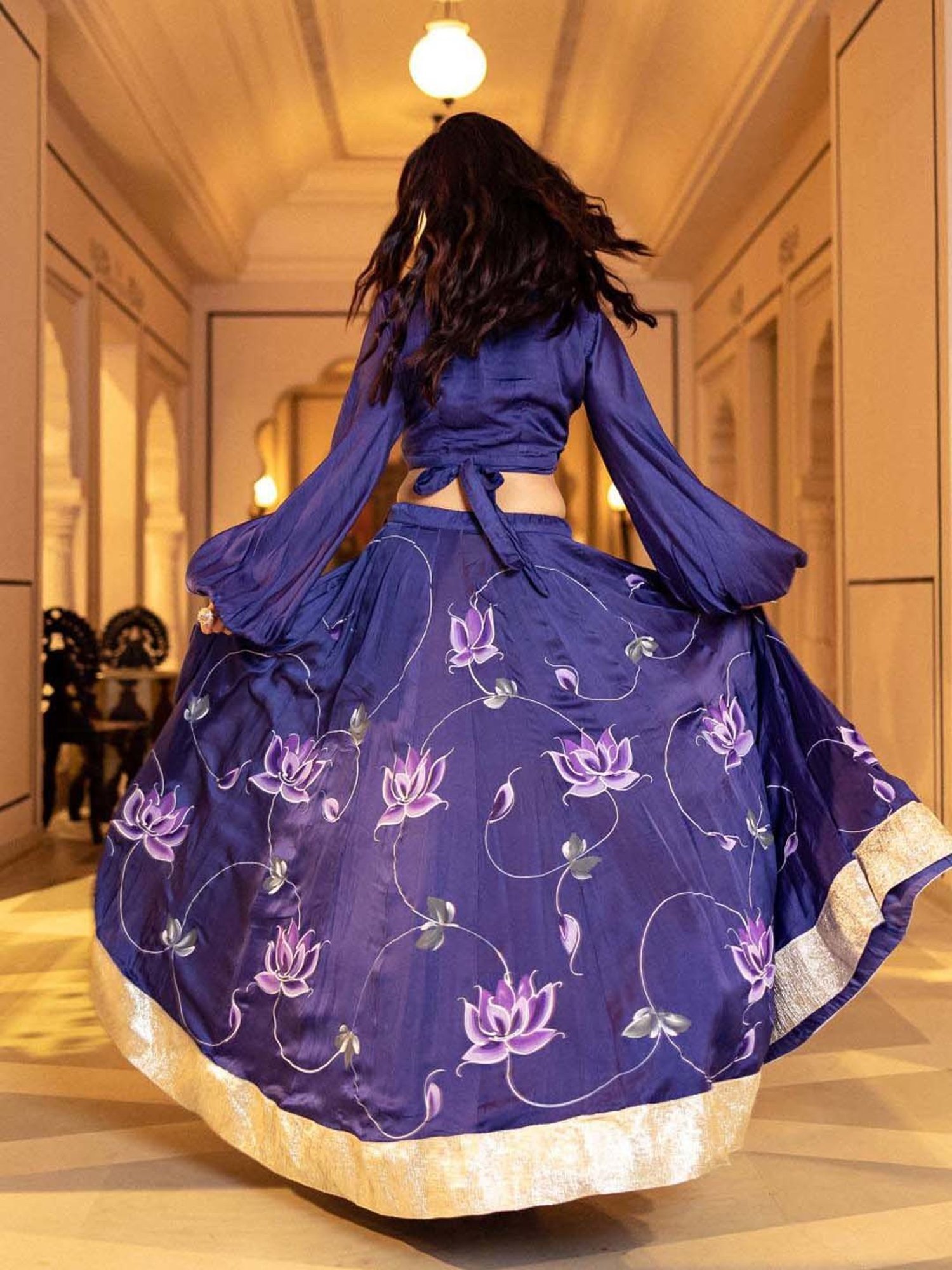 AACHHO Purple Floral Print Lehenga Choli Set With Dupatta