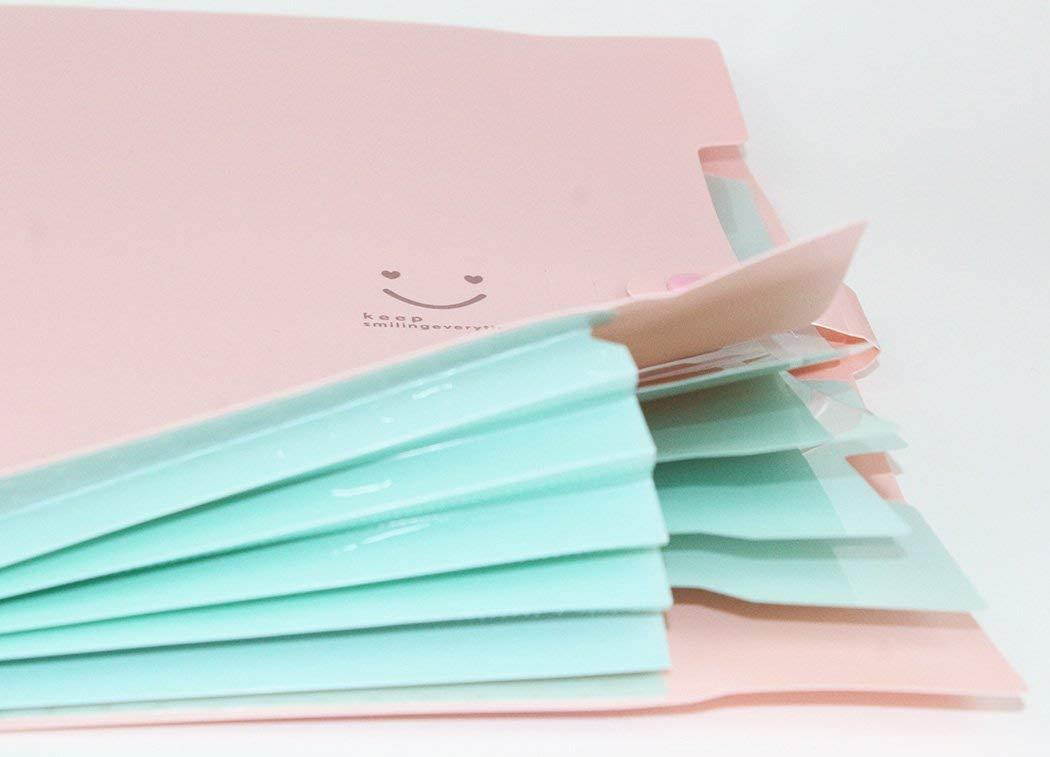 Placstic Expanding File Folders Accordion Document Organizer 5-Pocket A4 Letter Size with Snap Closure for School and Office,2-Pack,Pink