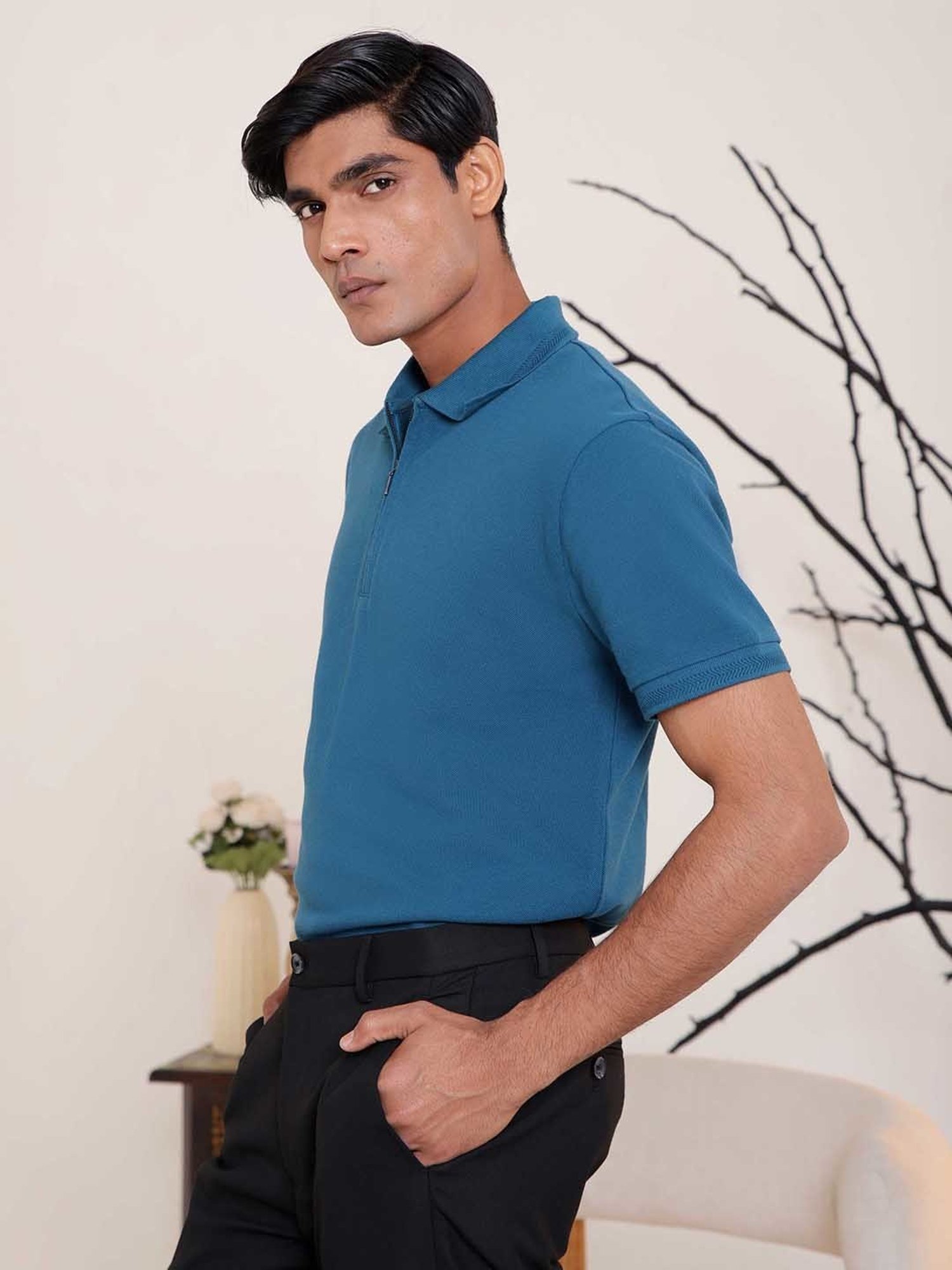 SUBTRACT Dark Teal Regular Fit Cotton Polo T-Shirt
