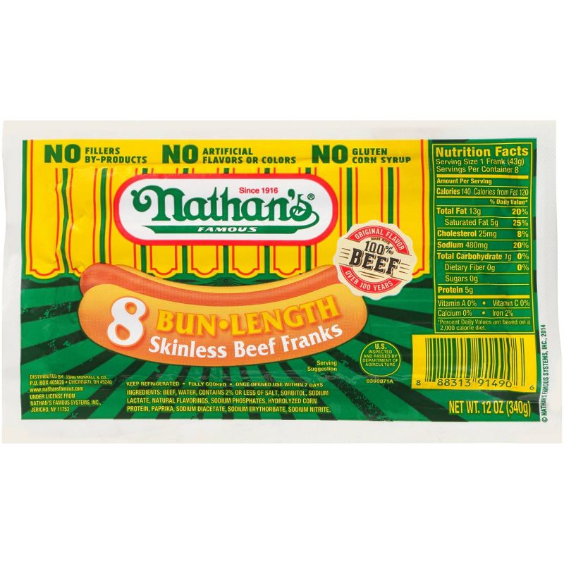 Nathan's Famous Bun Length Skinless Beef Franks - 12oz/8ct