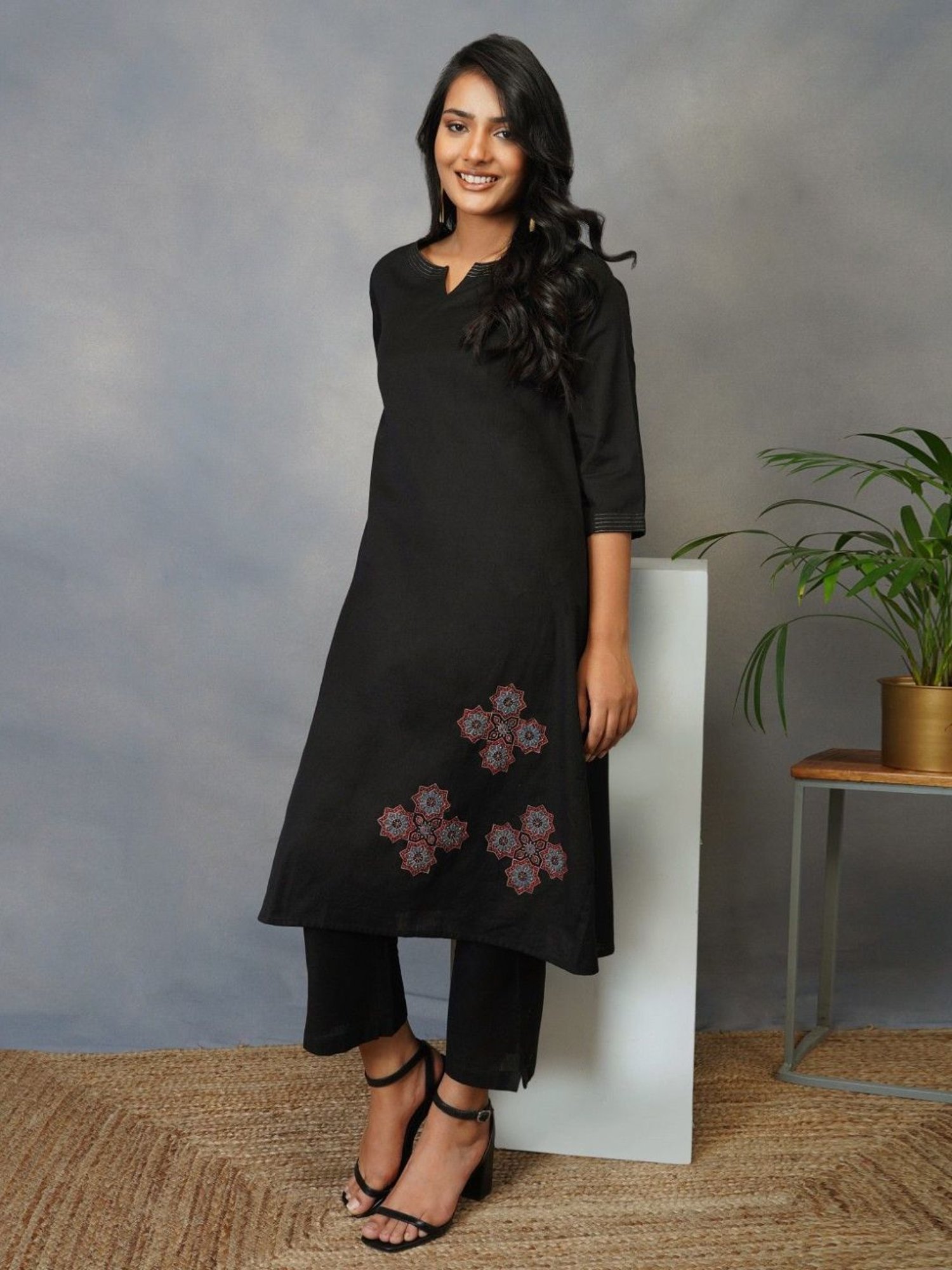 Akiso Bakhair Black A Line Kurta With Handblock Ajrak Patch Work Set With Pants