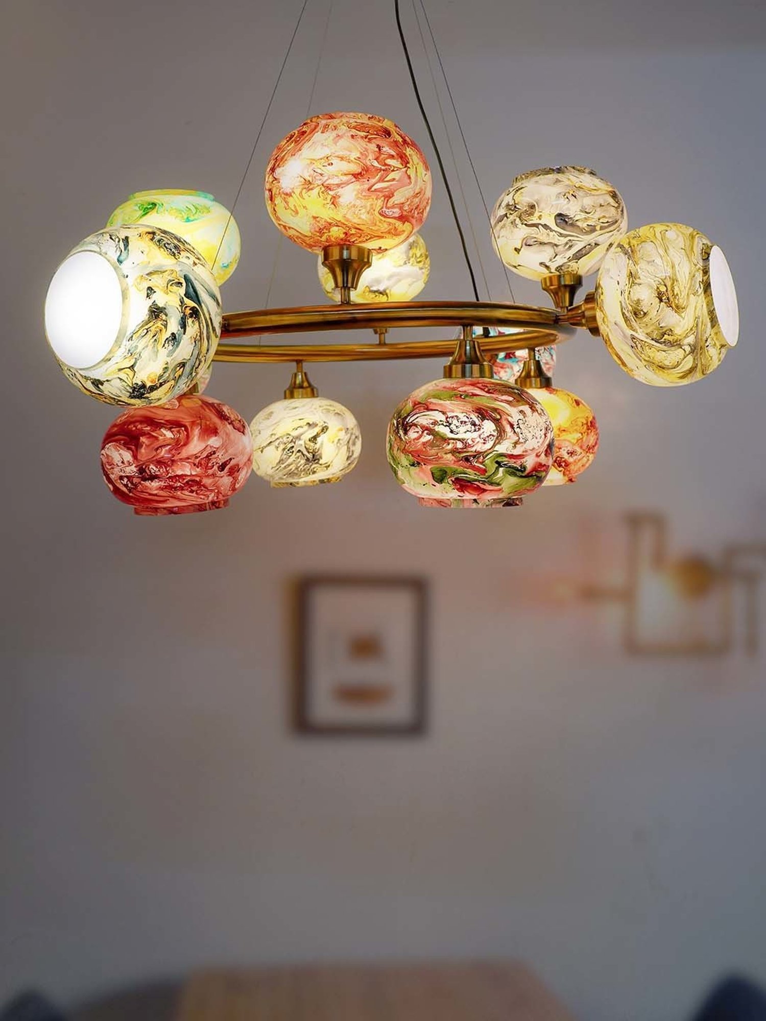 Fos Lighting Modern Circular Multicolor Steel 12-In-1 Chandelier With Glass Shades