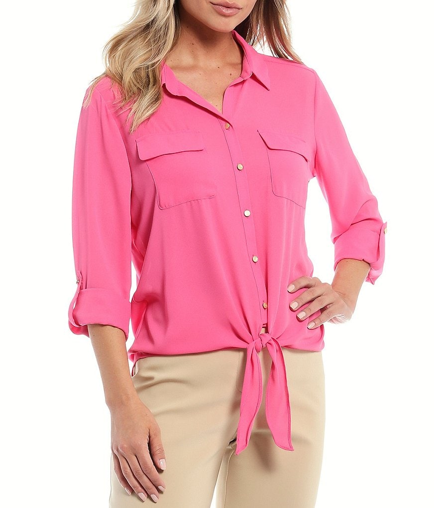 Investments Solid Point Collar Neck Button-Front Long Sleeve Tie-Front Top