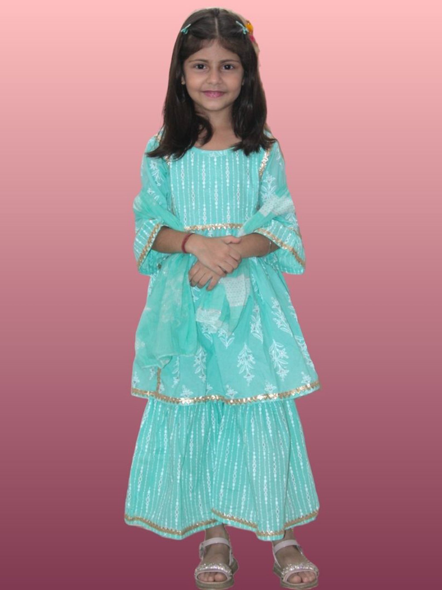 Tippy Top Kids Turquoise Floral Print Kurta, Sharara with Dupatta