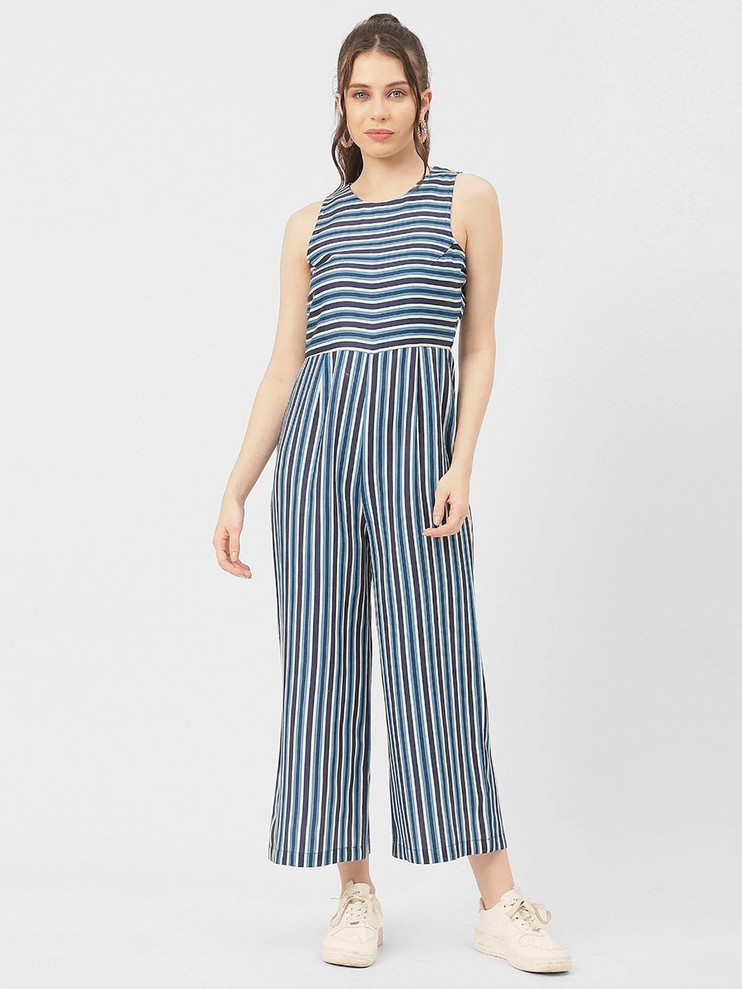 Moomaya Blue Cotton Blend Striped Jumpsuit