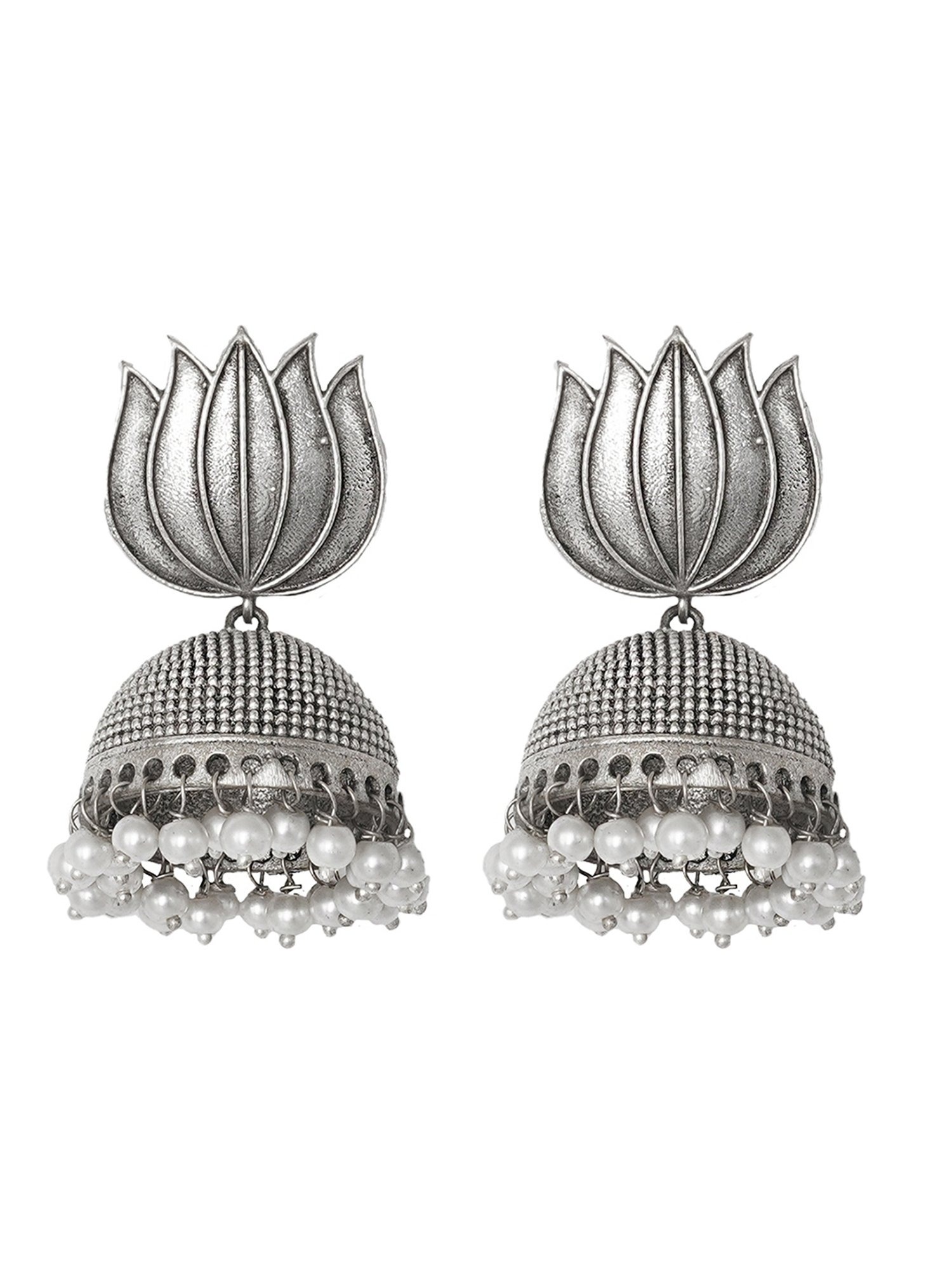 Teejh Ethnic Sadika Lotus Silver Oxidized Jhumki Earrings