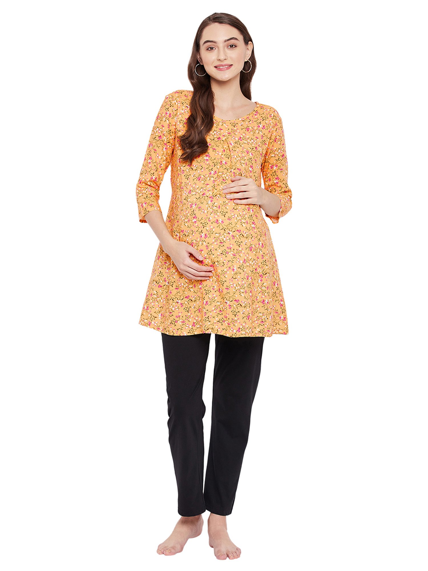 Hypernation Yellow Rayon Floral Print Maternity Top