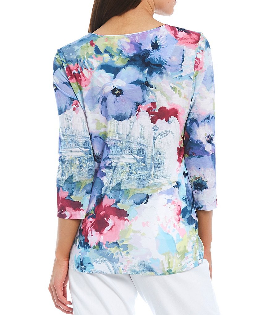 Allison Daley Petite Size French Bistro Print Rhinestone Embellished Detail 3/4 Sleeve Crew Neck Top