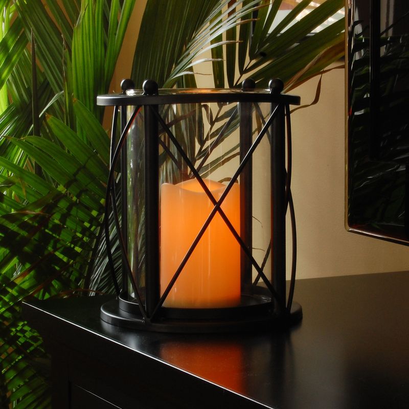 Round Metal LED Lantern With Criss Cross Design And Battery Operated Candle Black - LumaBase