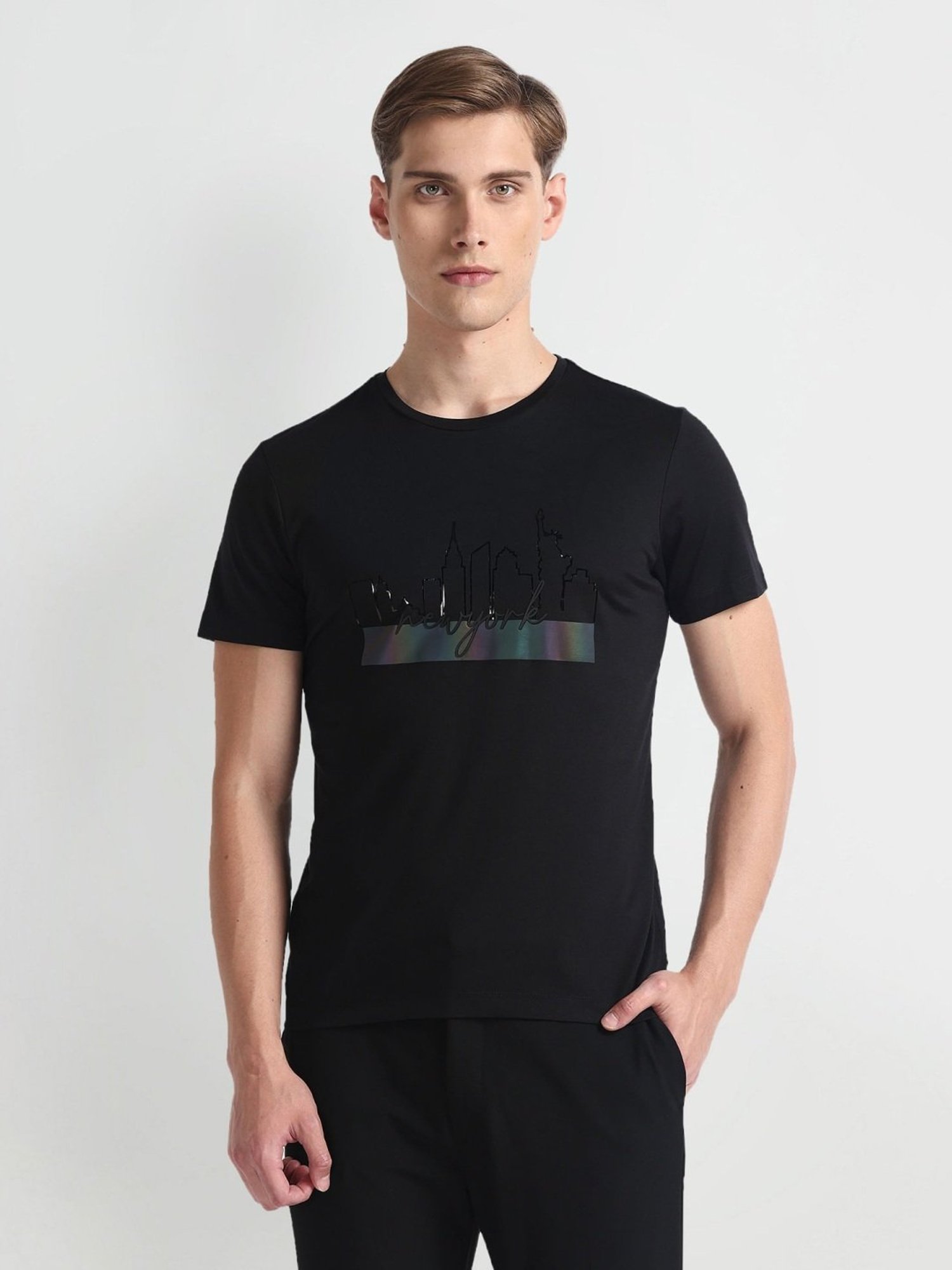 Arrow Newyork Black Cotton Regular Fit Printed T-Shirt