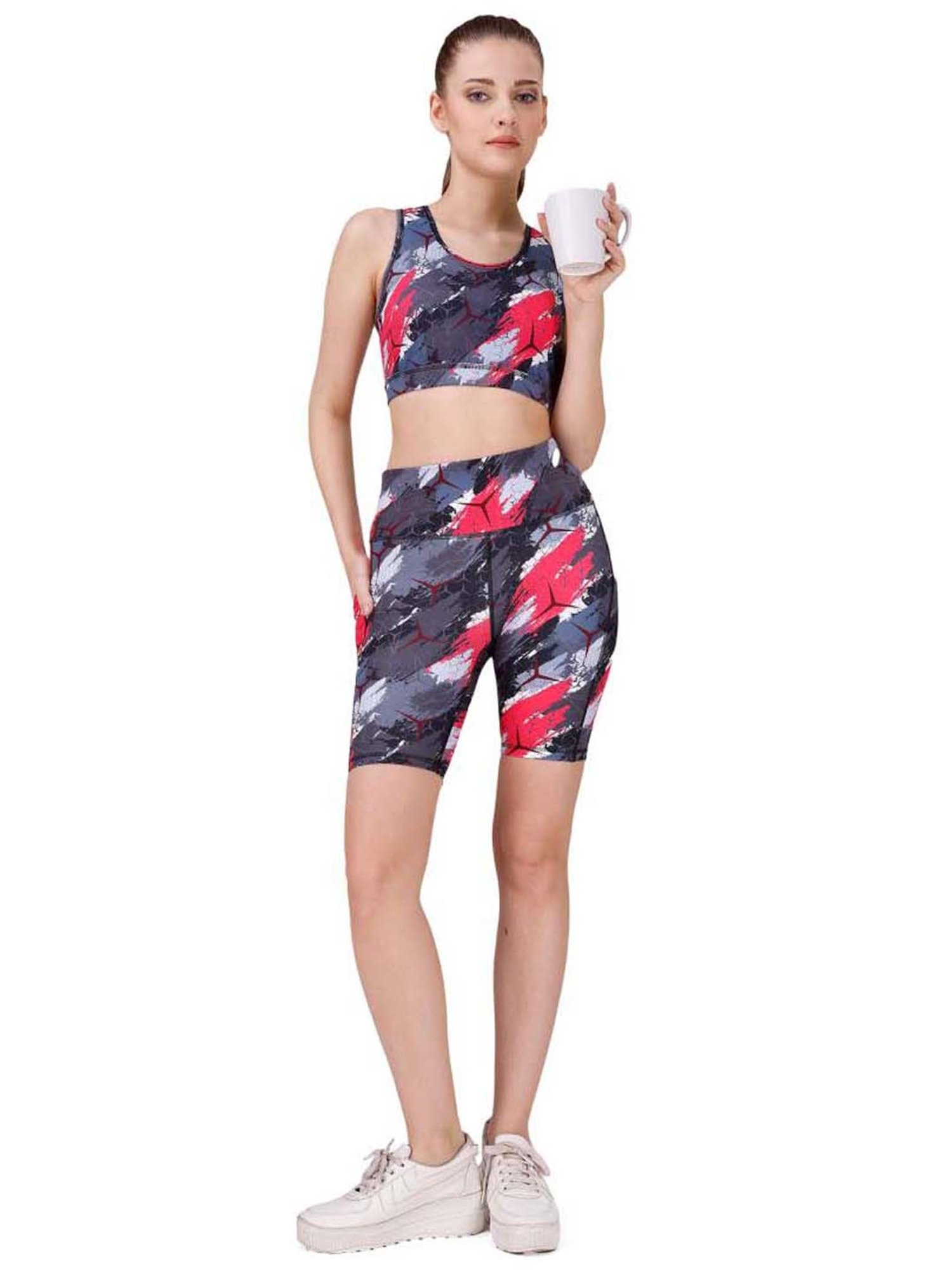 Soie Grey & Red Printed Sports Bra Shorts Set