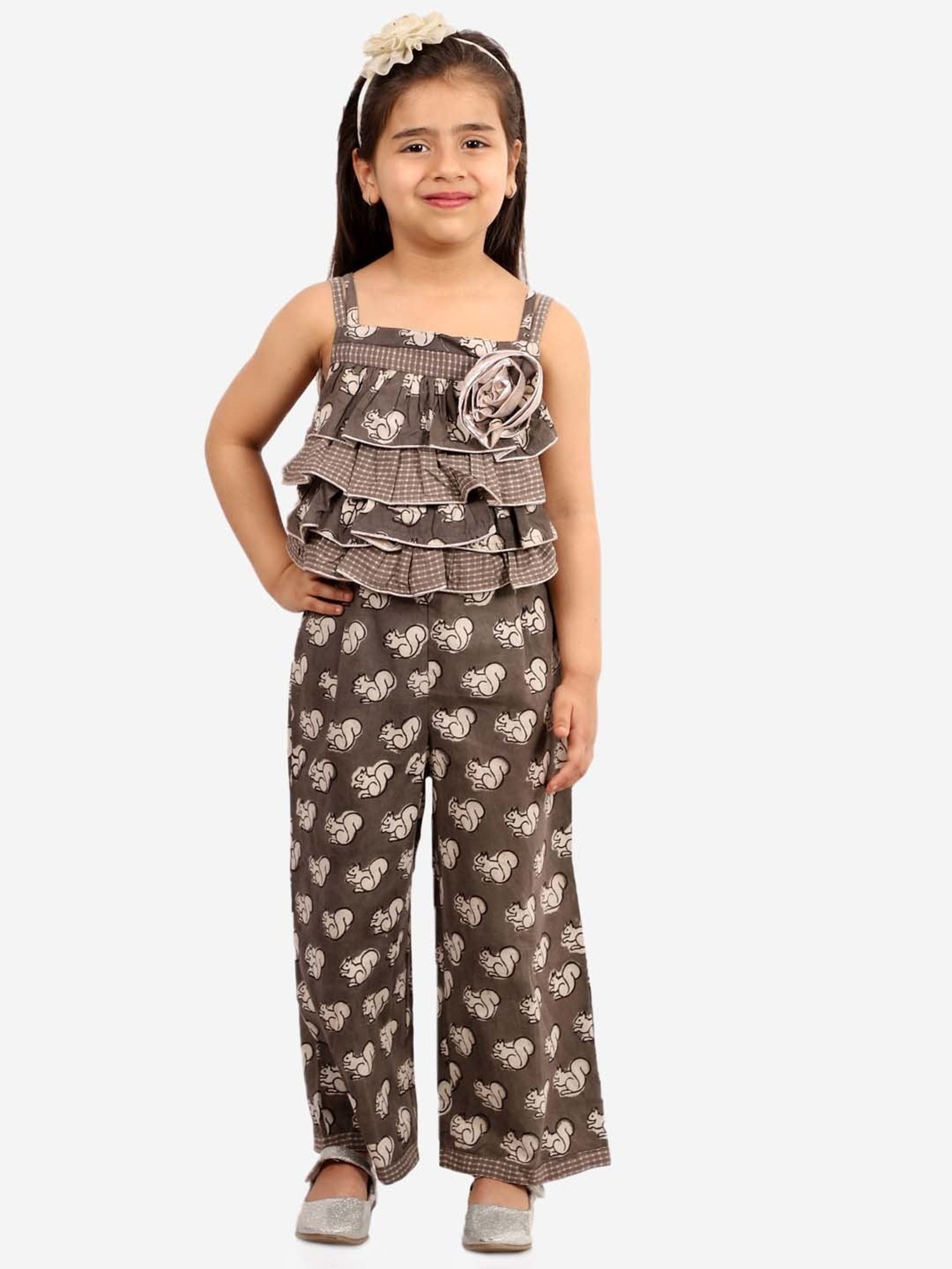 TWISHA Kids Brown Cotton Printed Jumpsuit