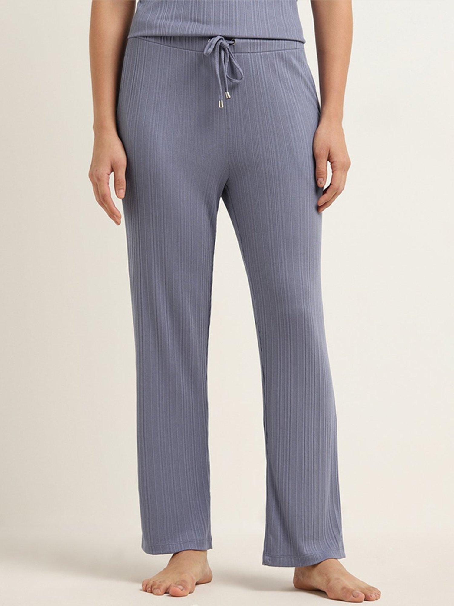 Wunderlove by Westside Blue Ribbed Textured High-Rise Pants