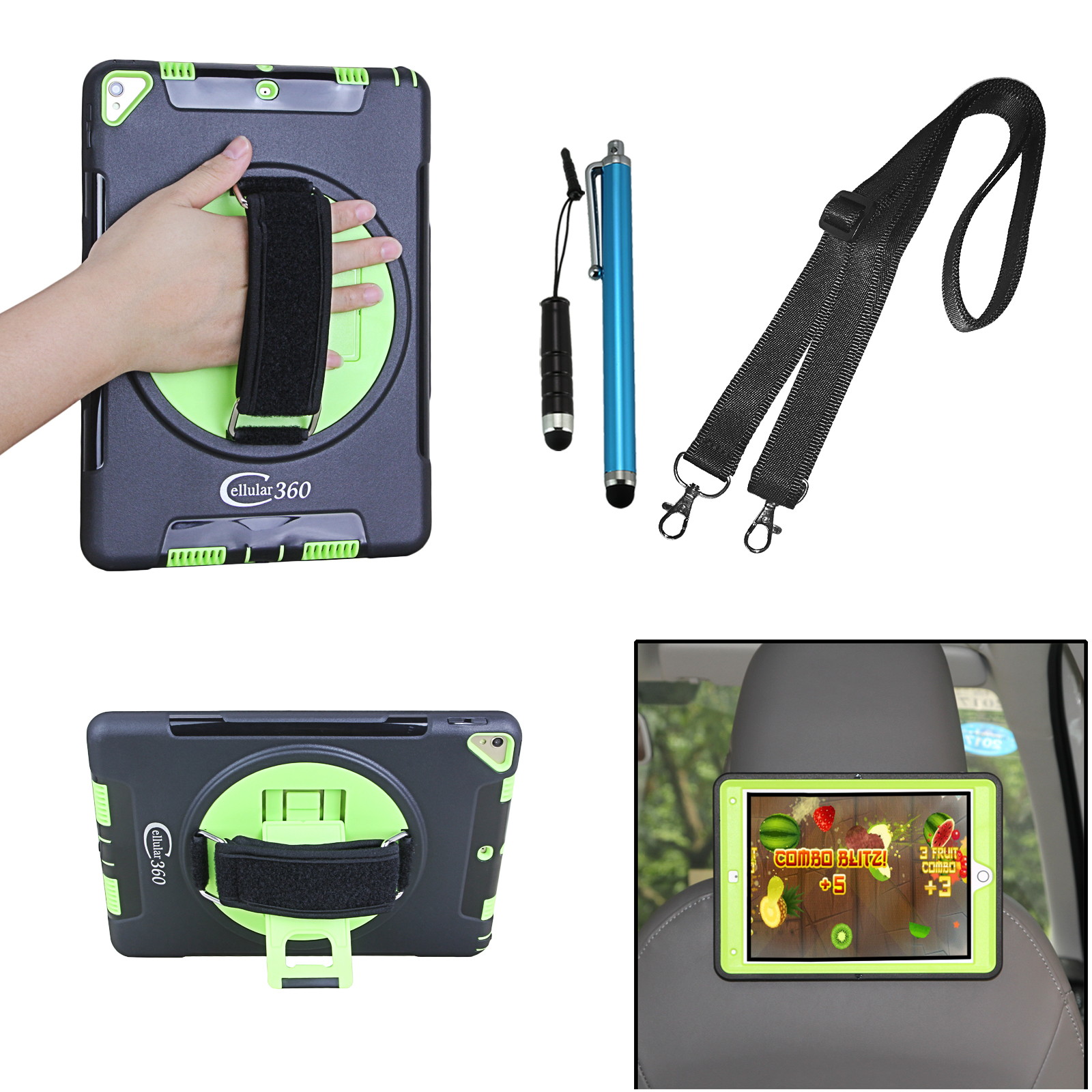 Cellular360 Apple iPad 9.7 2017 2018, iPad 5th Gen., iPad 6th Gen. Shockproof Case with 360 Degrees Rotatable Kickstand, Adjustable Handle and Shoulder Strap