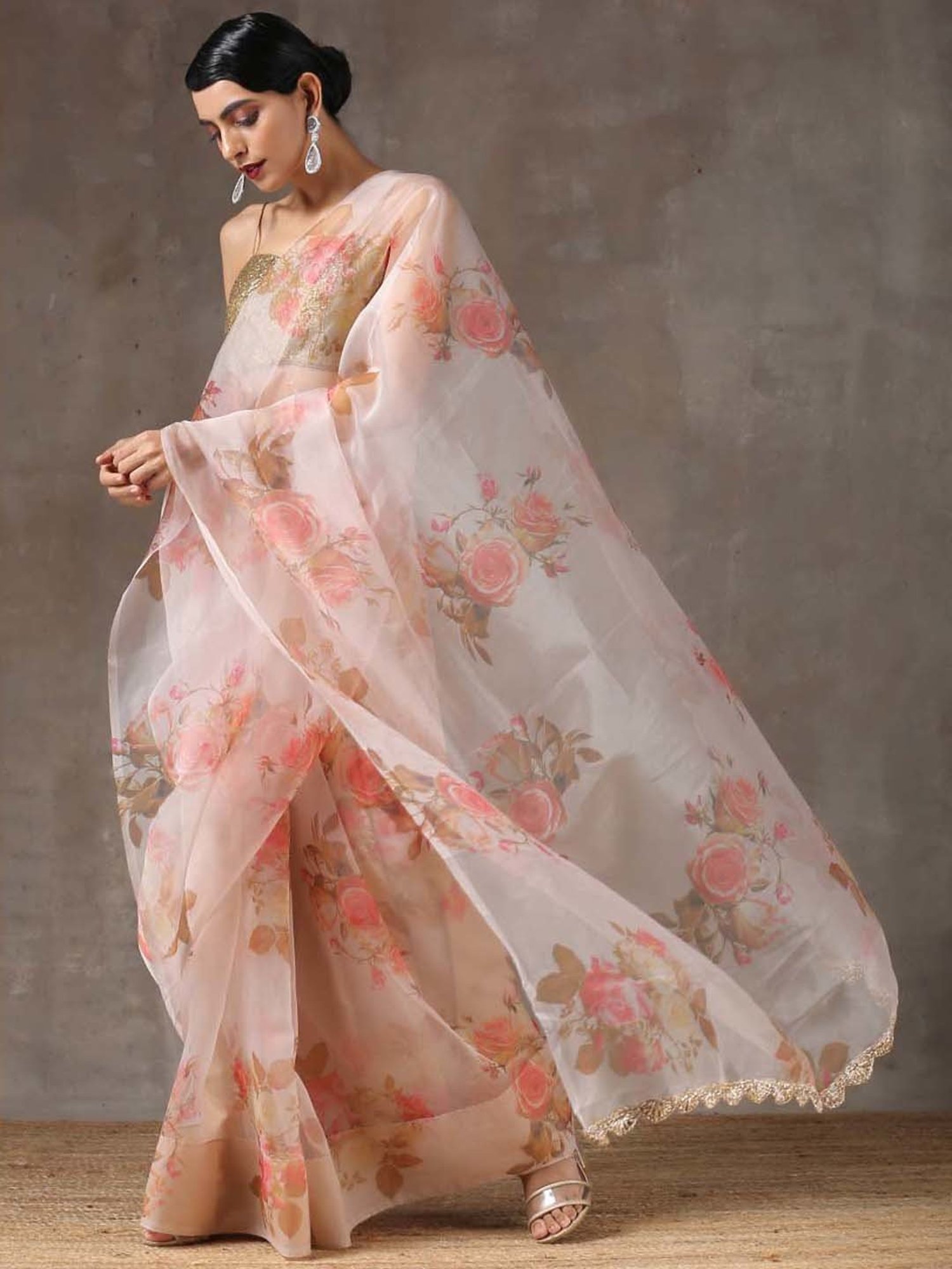 Swtantra Pink Organza Floral Print Saree