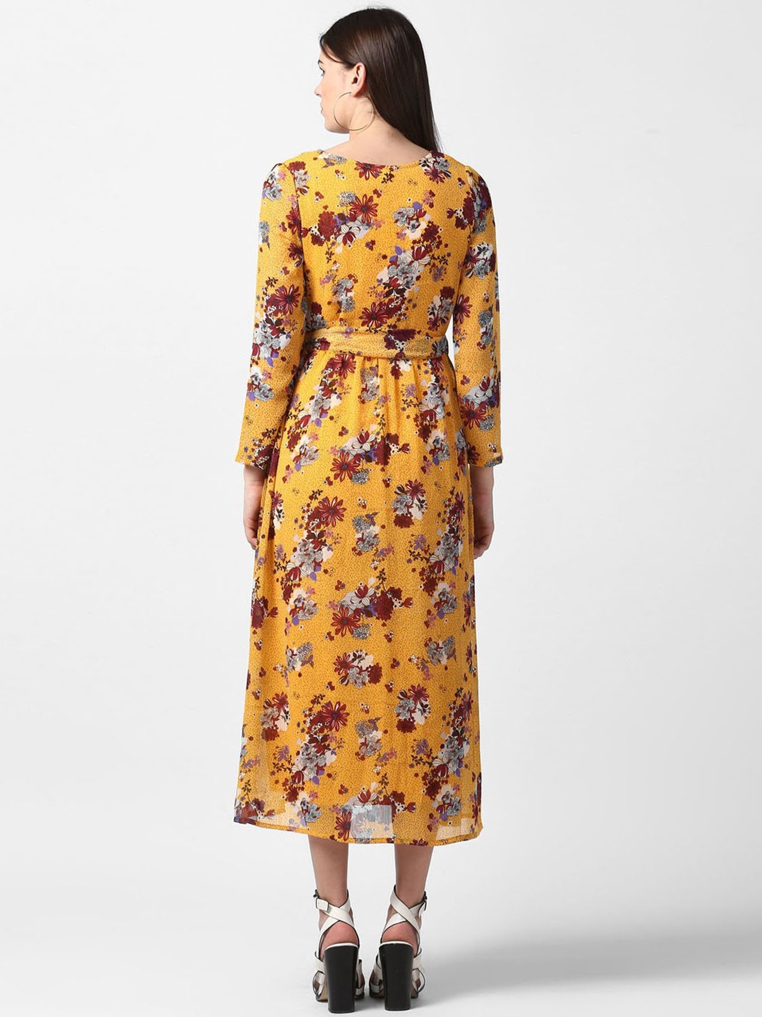 StyleStone Mustard Floral Print Midi Dress