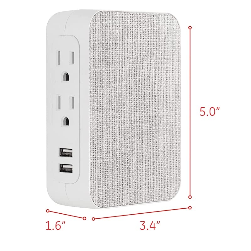 Pro 5 Outlet 2 USB Fabric Wall Tap Sur Protector Side Access Designer Power Adapter Plug in Extender 560 Joules GrayWhite 43436