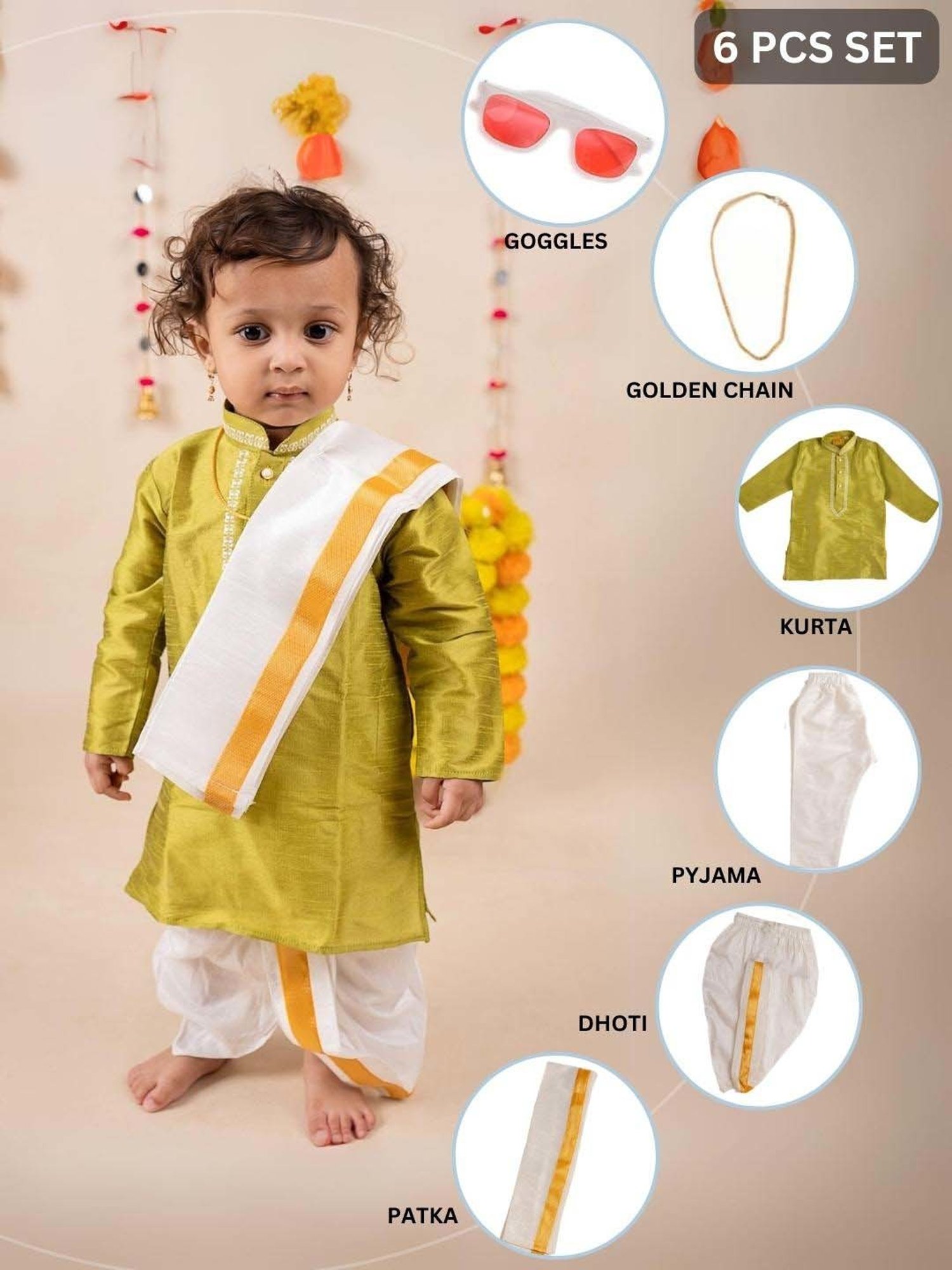 Baby Moo Kids Green & White Regular Fit Full Sleeves Kurta Set