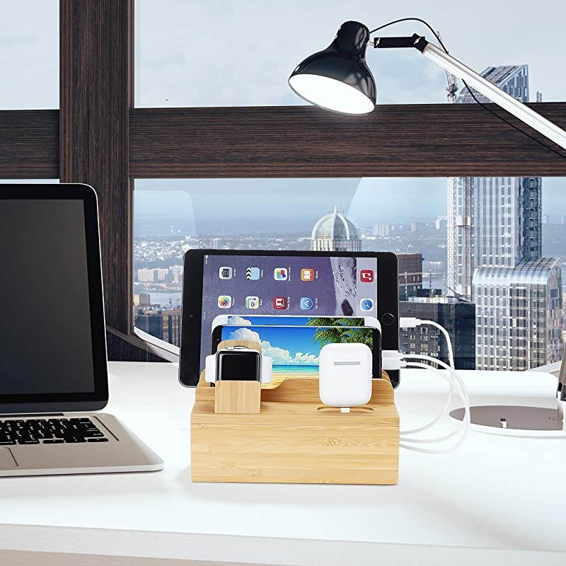 Bamboo Charging Station for Apple Watch AirPods Series6 in 1 Wooden Docking Station for Multiple Device