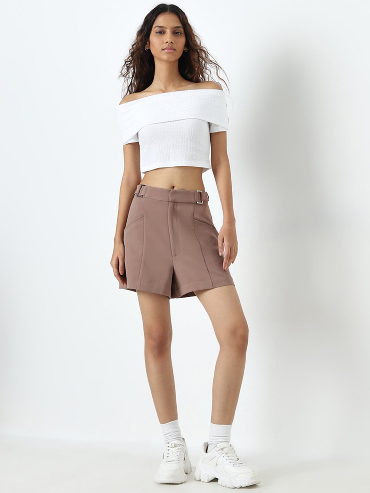 Nuon by Westside White Textured Off-Shoulder Top