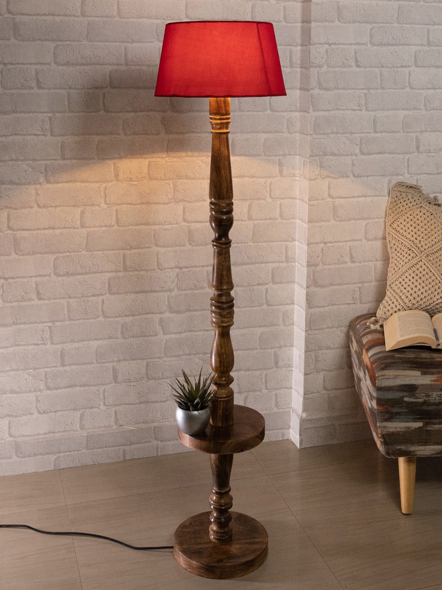 Homesake Classic Round Red & Brown Walnut Wooden Floor Lamp with Shade - Set of 1