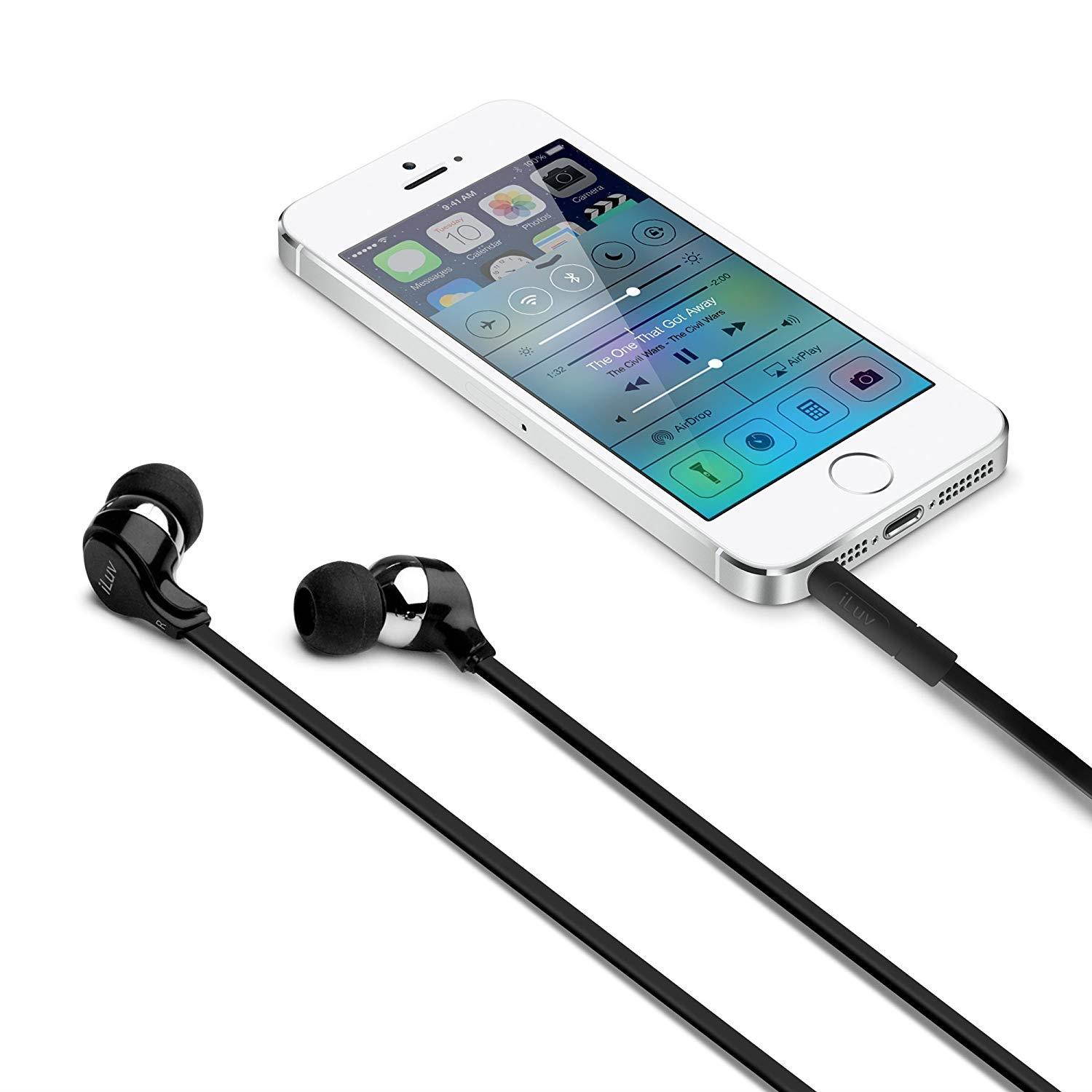 iLuv Tangle-resistant comfortable fit stereo earphones for iPhone, iPad, iPod, SAMSUNG, LG, Google Next, Others phones, tablets and MP3 (Black)