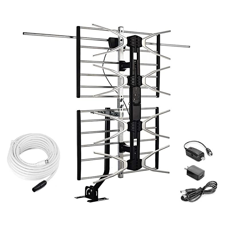 Digital HDTV Outdoor Amplified Antenna - 150 Miles Range - Mounting Pole & 40 feet RG6 Coaxial Cable Included - Optimized Performance in UHF & VHF - Tools Free Installation