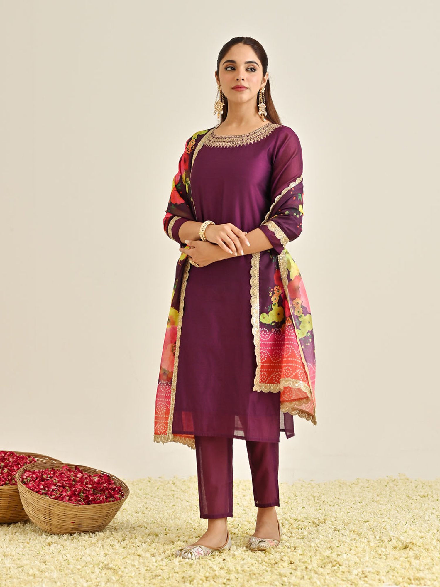 Rustorange Purple Embroidered Kurta With Pant & Dupatta