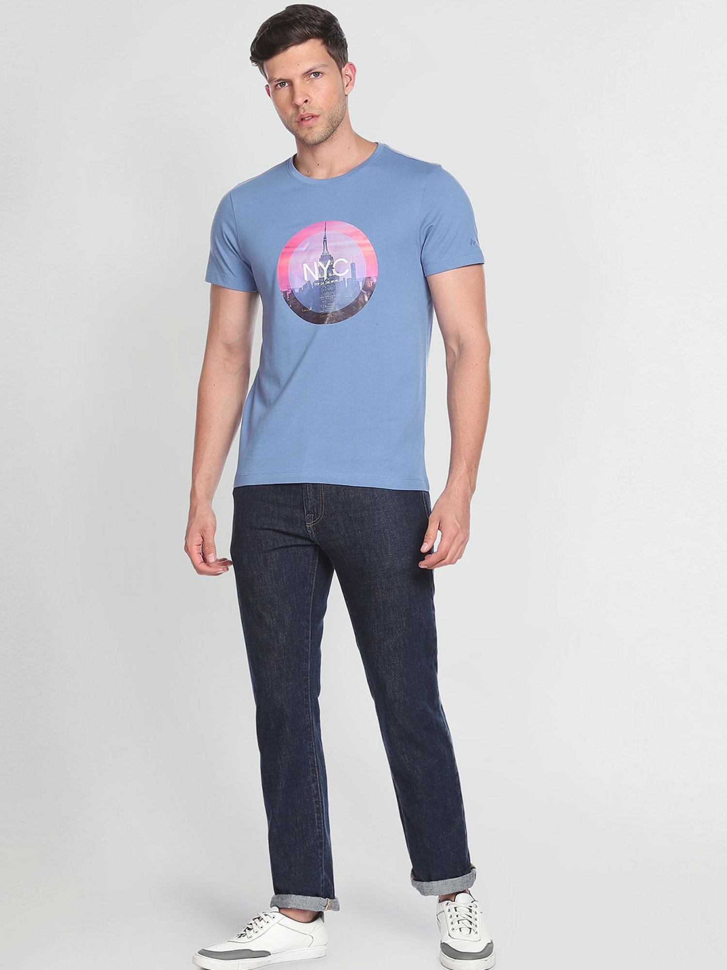 Arrow Sport Blue Cotton Regular Fit Printed T-Shirt