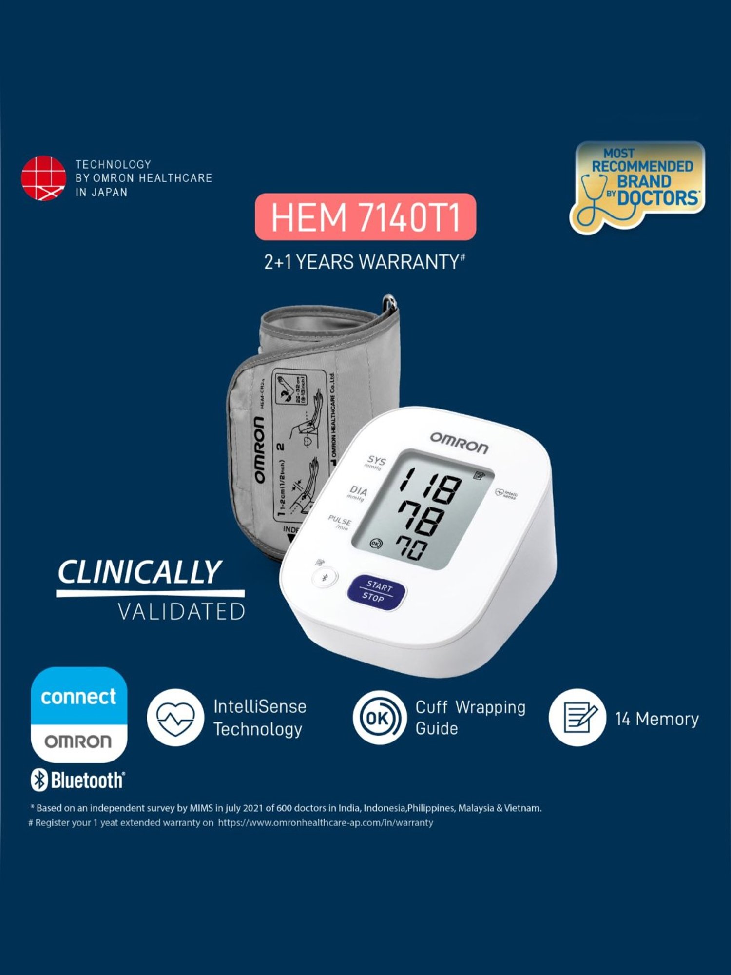 Omron Hem 7140T1  Bluetooth Digital Blood Pressure Monitor with Hypertension Indicator (White)