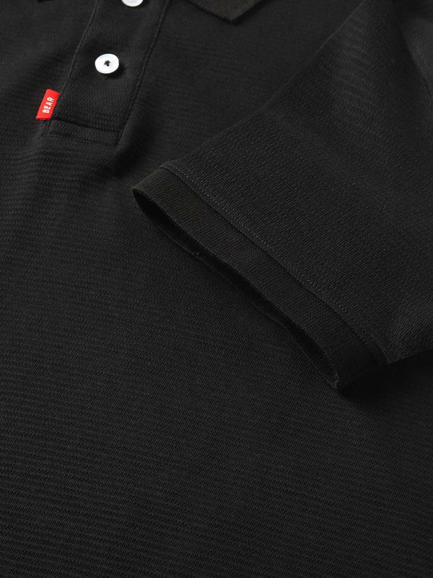 The Bear House Black Cotton Regular Fit Self Pattern Polo T-Shirt