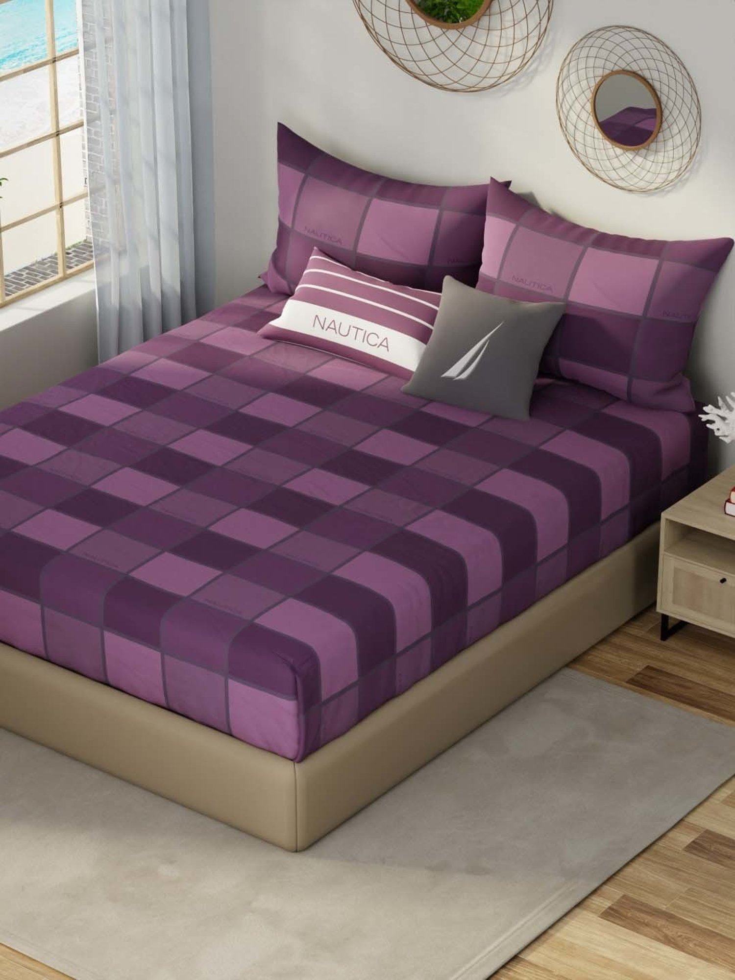 NAUTICA Hampton Plum & Purple Satin Cotton 210 TC King Fitted Bedsheet with 2 Pillow Cover