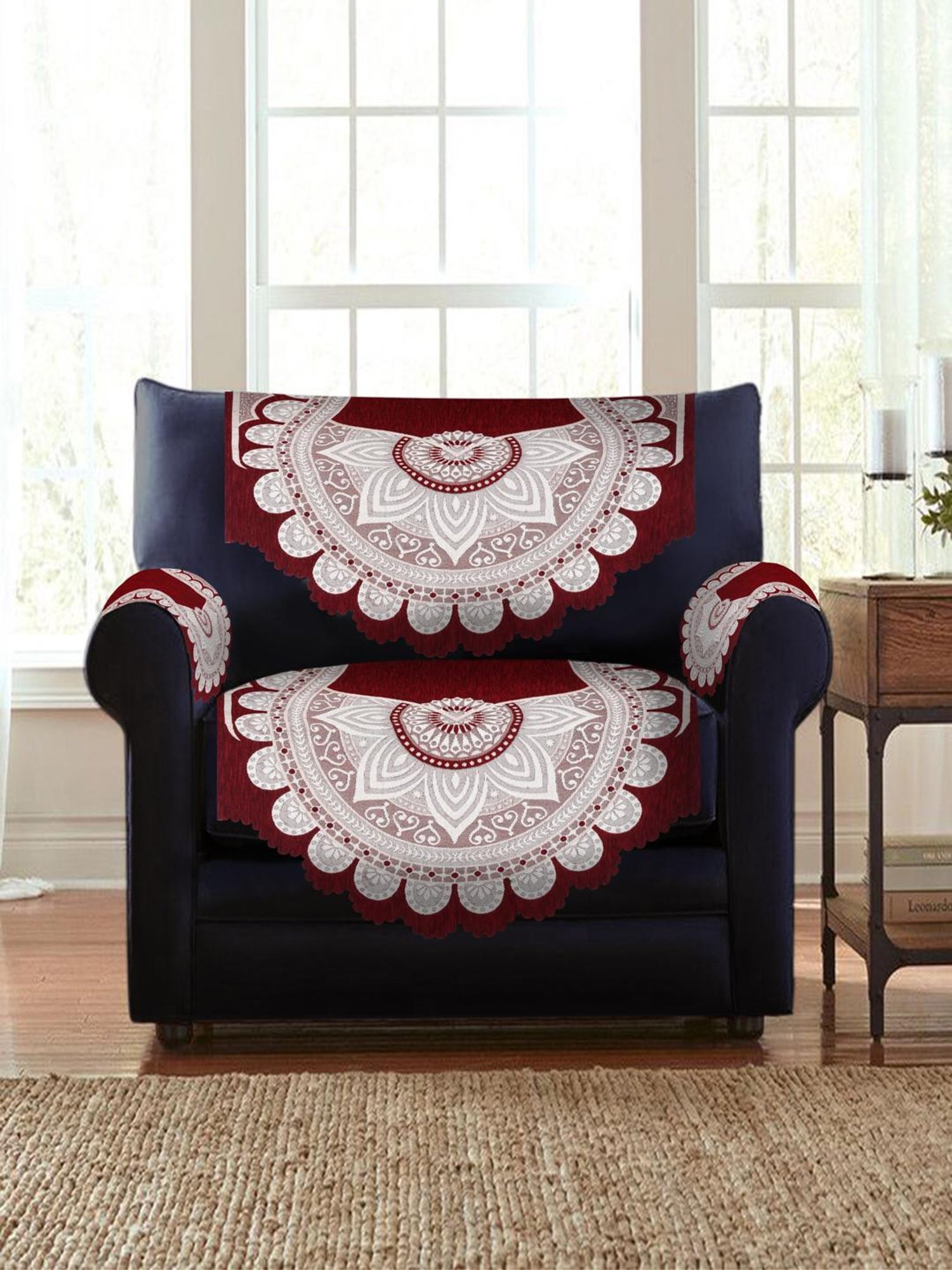 HOSTA HOMES Woven Maroon & White 3 Seater With Arm Rest Sofa Covers