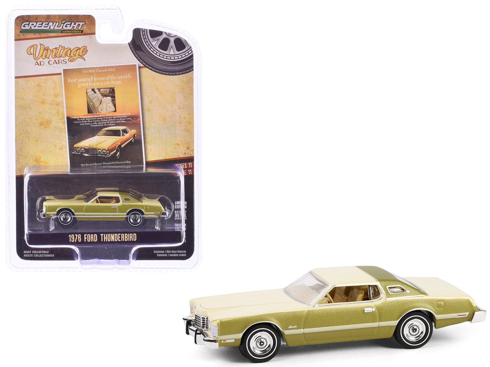 1976 Ford Thunderbird Gold Metallic and Cream "Treat Yourself to One of the World's Great Luxury Car Buys" "Vintage Ad Cars" Series 11 1/64 Diecast Model Car by Greenlight