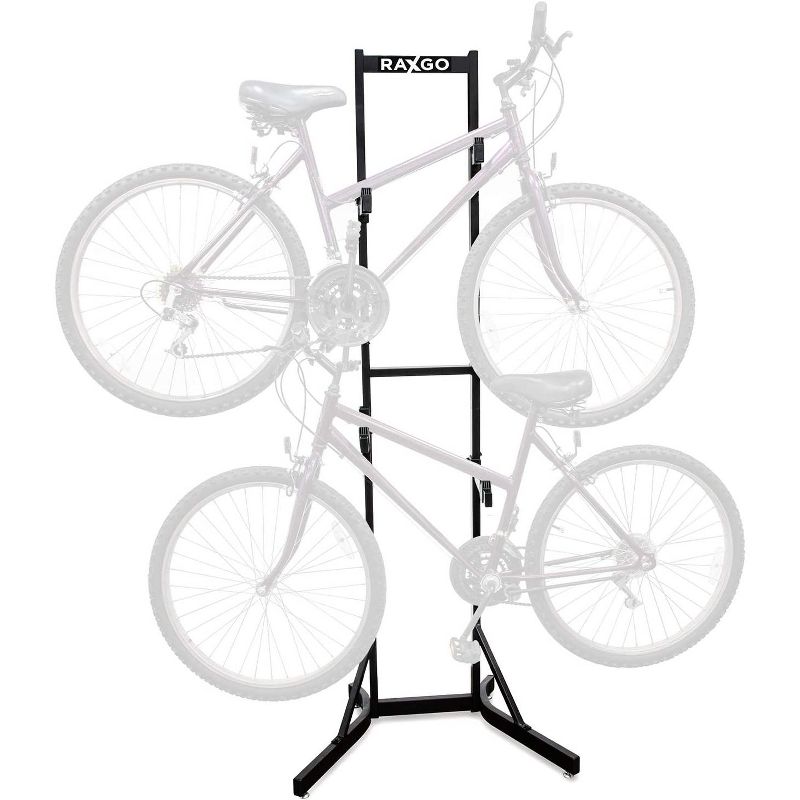 RaxGo Bike Storage Rack, 2 Bicycle Garage Floor Stand, Adjustable, Freestanding, Adjustable Hooks, For Mountain & Road bicycles, Universal For Indoor Use