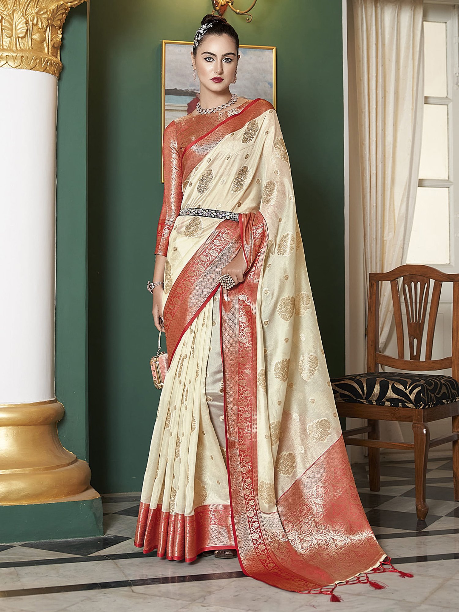 Elora Cream Silk Woven Saree With Unstitched Blouse