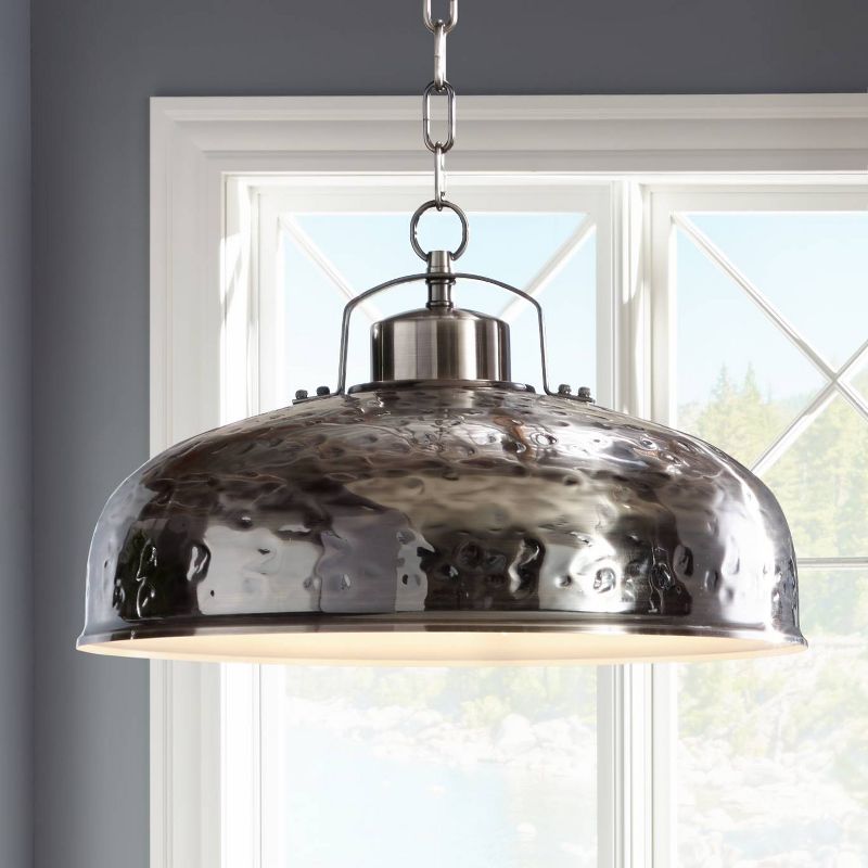 Franklin Iron Works Dyed Nickel Pendant Light 18" Wide Farmhouse Industrial Rustic Hammered Dome Shade Kitchen Island Dining Room