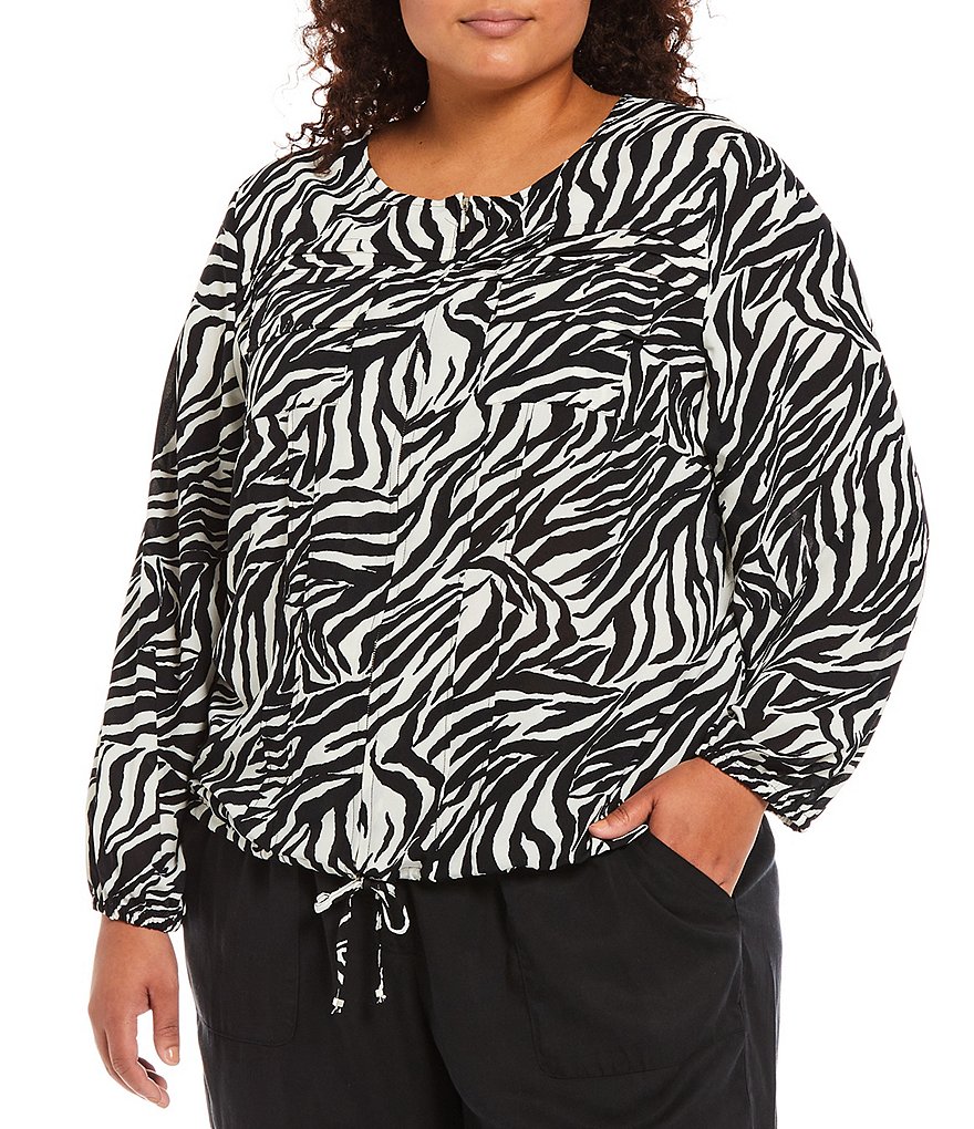 Ruby Rd. Plus Size Zebra Print Jewel Neck Long Sleeve Zip-Front Drawstring Hem Jacket