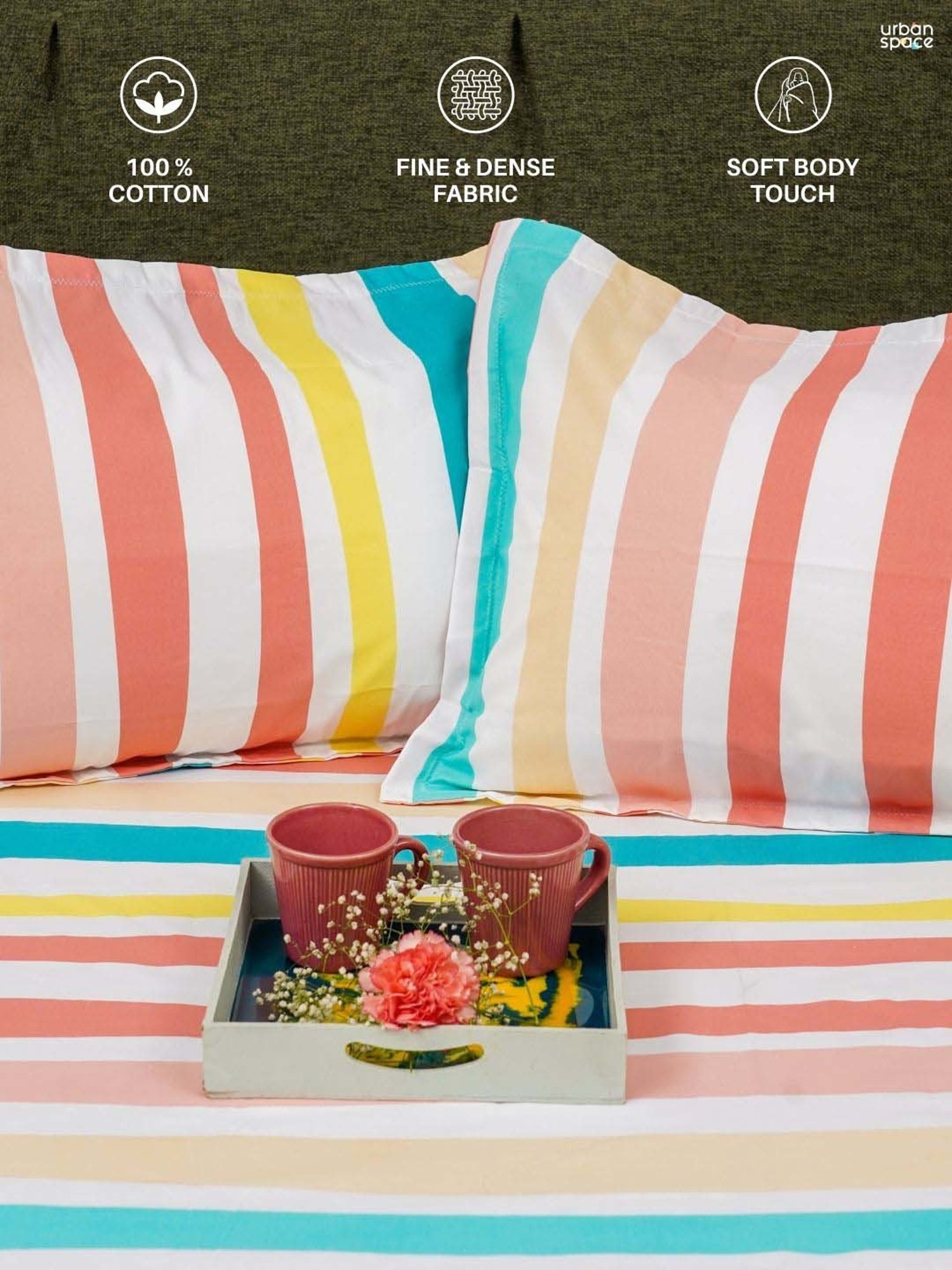 Urban Space Serene Multicolor Cotton 200 TC Queen Size Bedsheet With Pillow Covers