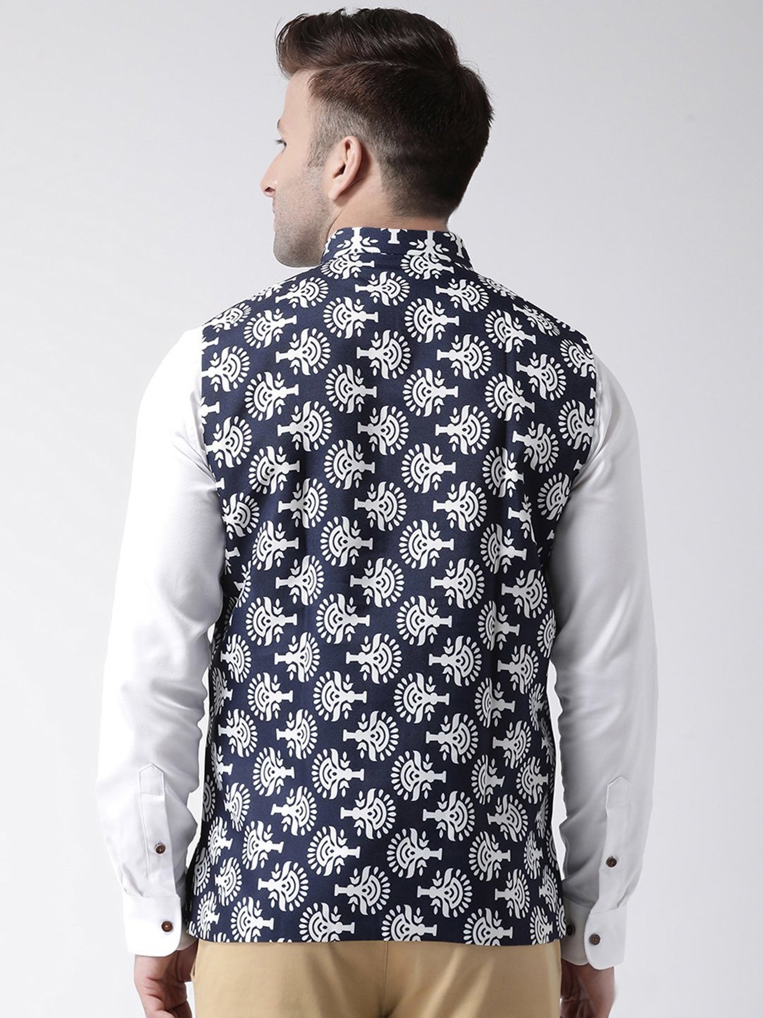 Hangup Plus Navy Regular Fit Printed Nehru Jacket