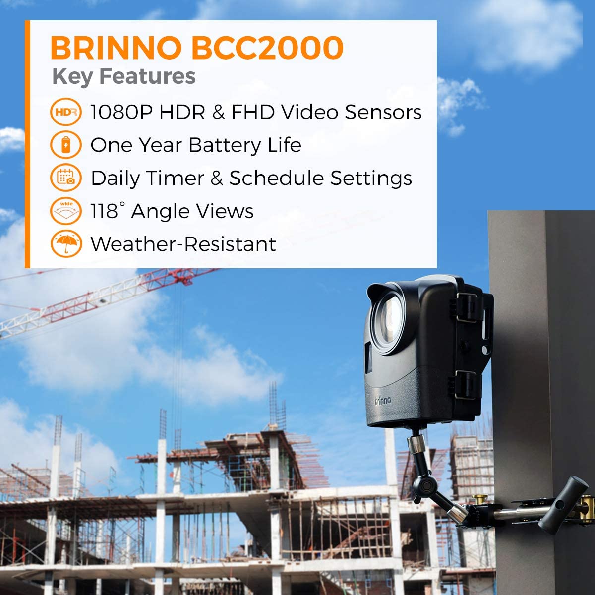 Brinno Construction Trio Bundle Pack BCC2000, Up to 1 Year Battery Life, Perfect for Construction and Outdoor Security, 1080P FHD - Includes Flexible Clamp Mount and Weather Resistant Outdoor Housing