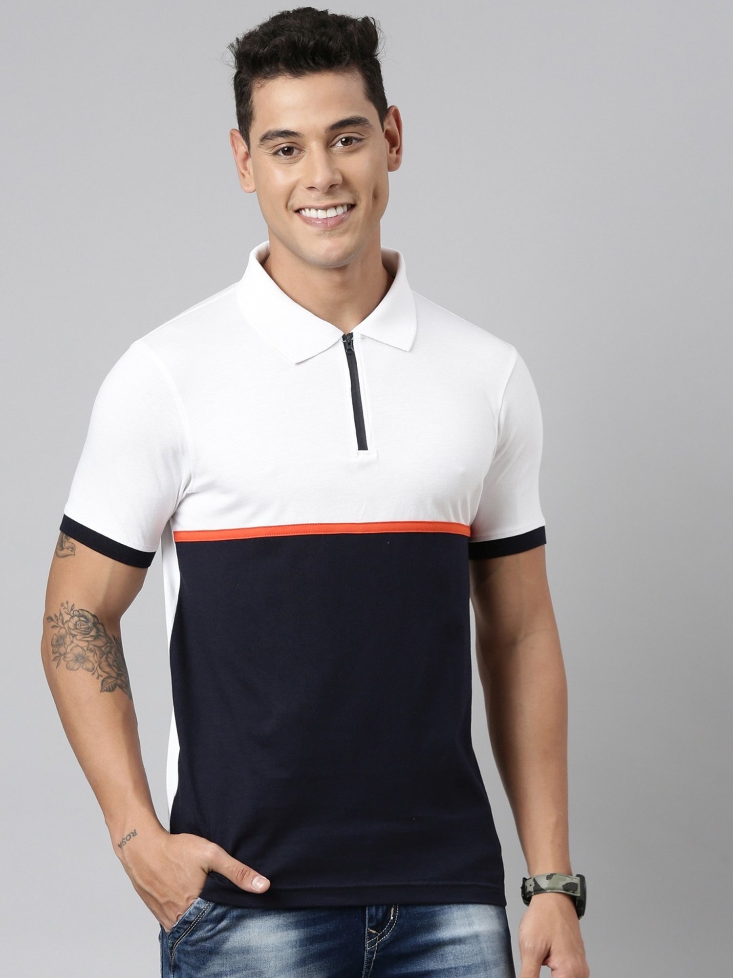 Dixcy Scott Maximus White Cotton Regular Fit Colour Block Polo T-Shirt