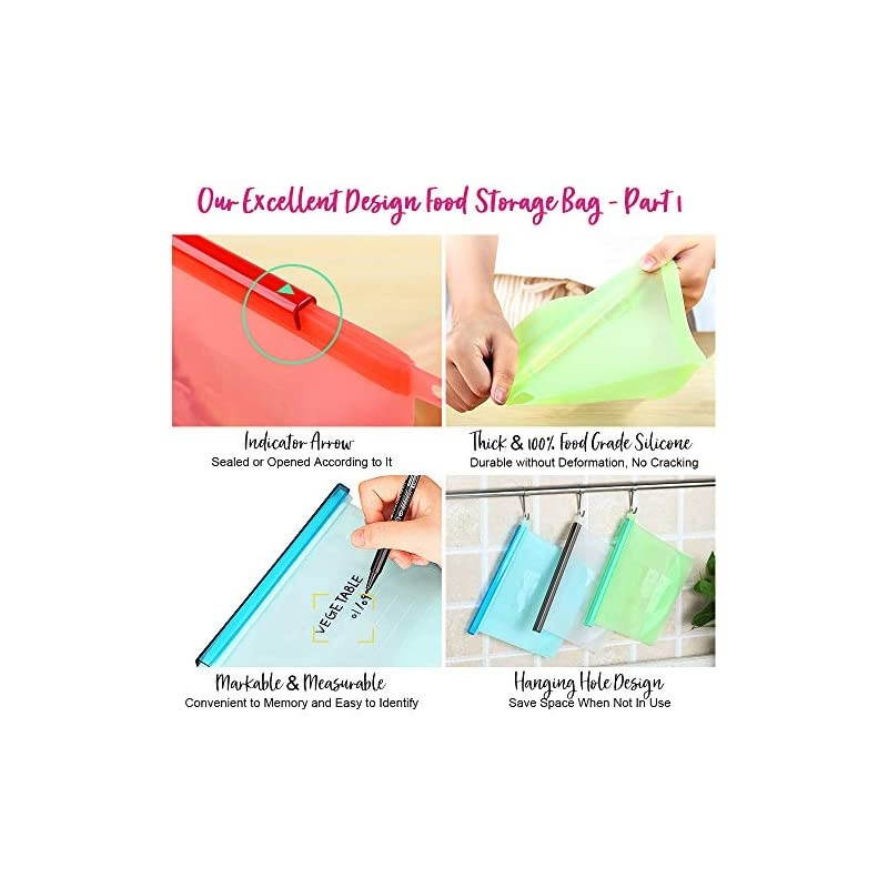 Silicone Food Ziplock Storage Bags, Silicone Sandwich Bag for Freezer, Sous Vide Bags Set of 4, Leak Proof Airtight Seal Keep Fresh for Hot Cooking, Liquids, Lunch, Snack, Baby Food (9.2&times;7in)